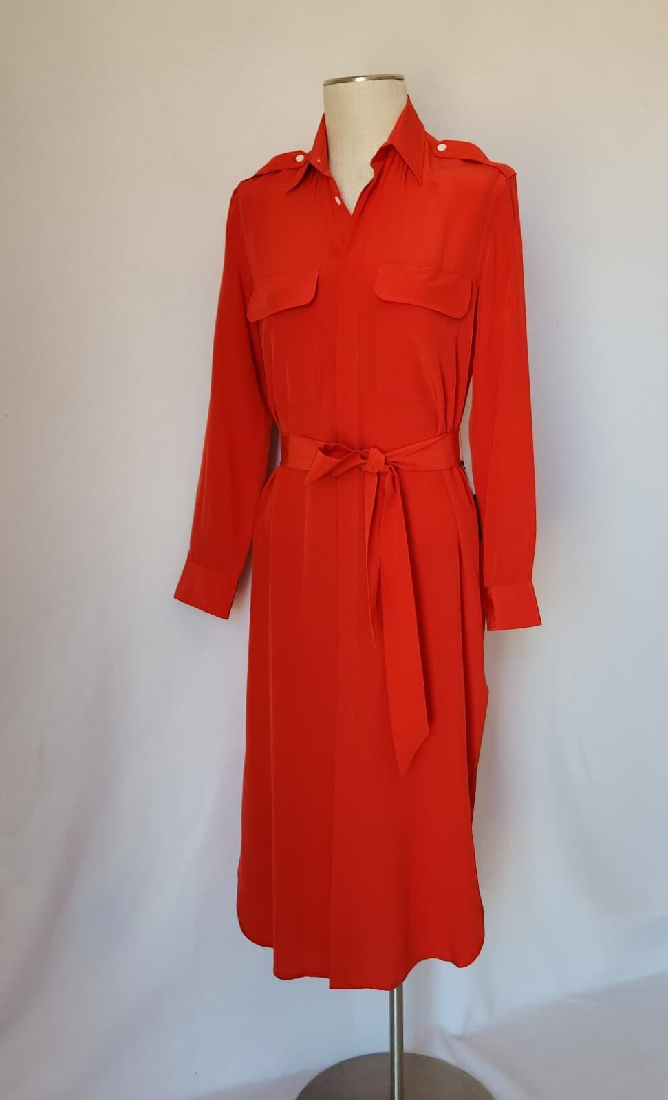 NWT Polo Ralph Lauren 100% Silk Belted Shirt Dress Long Sleeve Pocket Red Sz.6