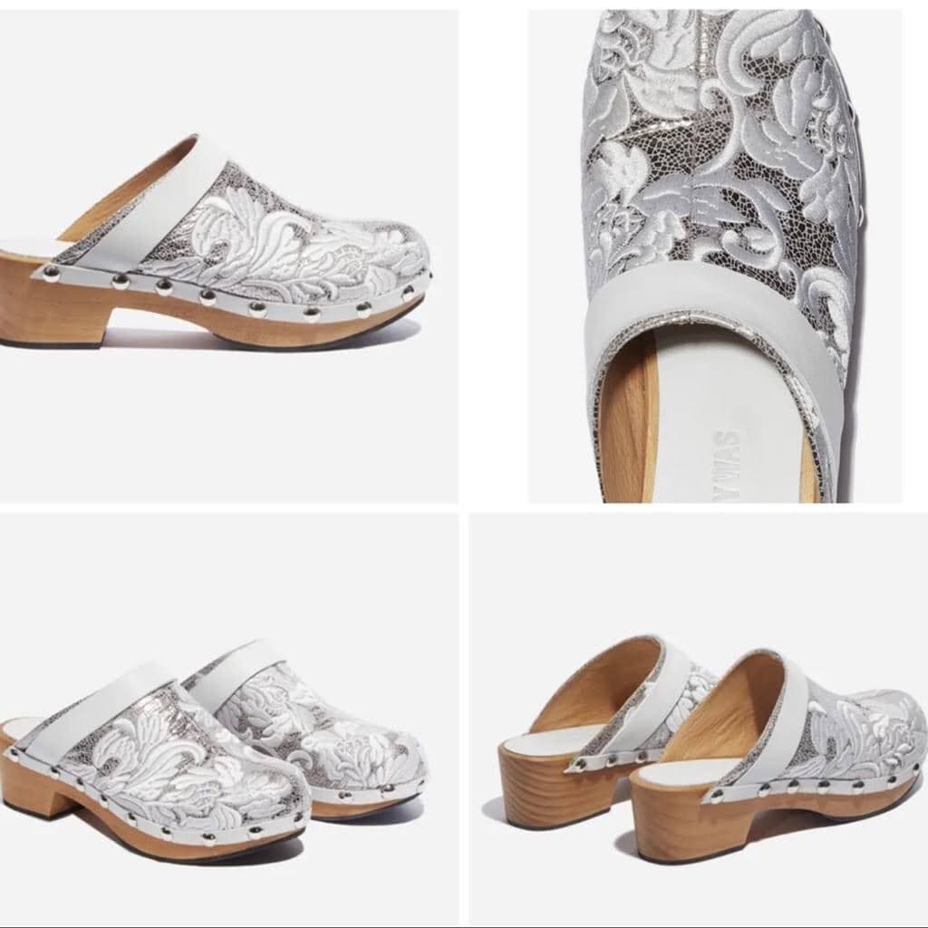 Johnny Was Dormi Leather Embroidered Silver Metallic Studded Clogs Heel EU 41