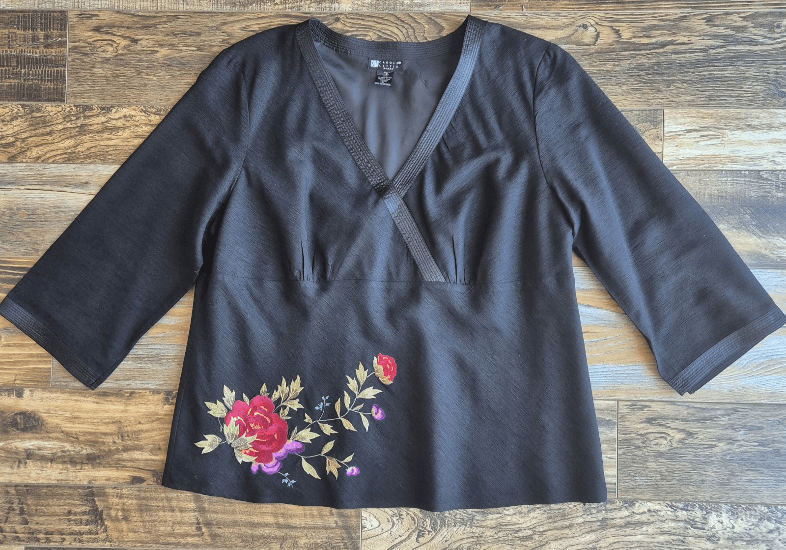 Carole Little Silk Floral Embroidered Fitted Blouse 3/4 Sleeve Black Women's 2X
