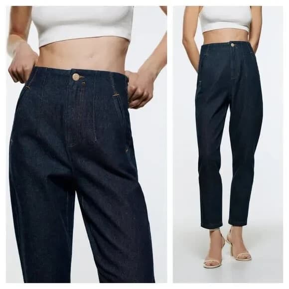 Zara Tailor Fit Jeans High Rise Tapered Zip Pocket Dark Wash Blue Womens M (29")