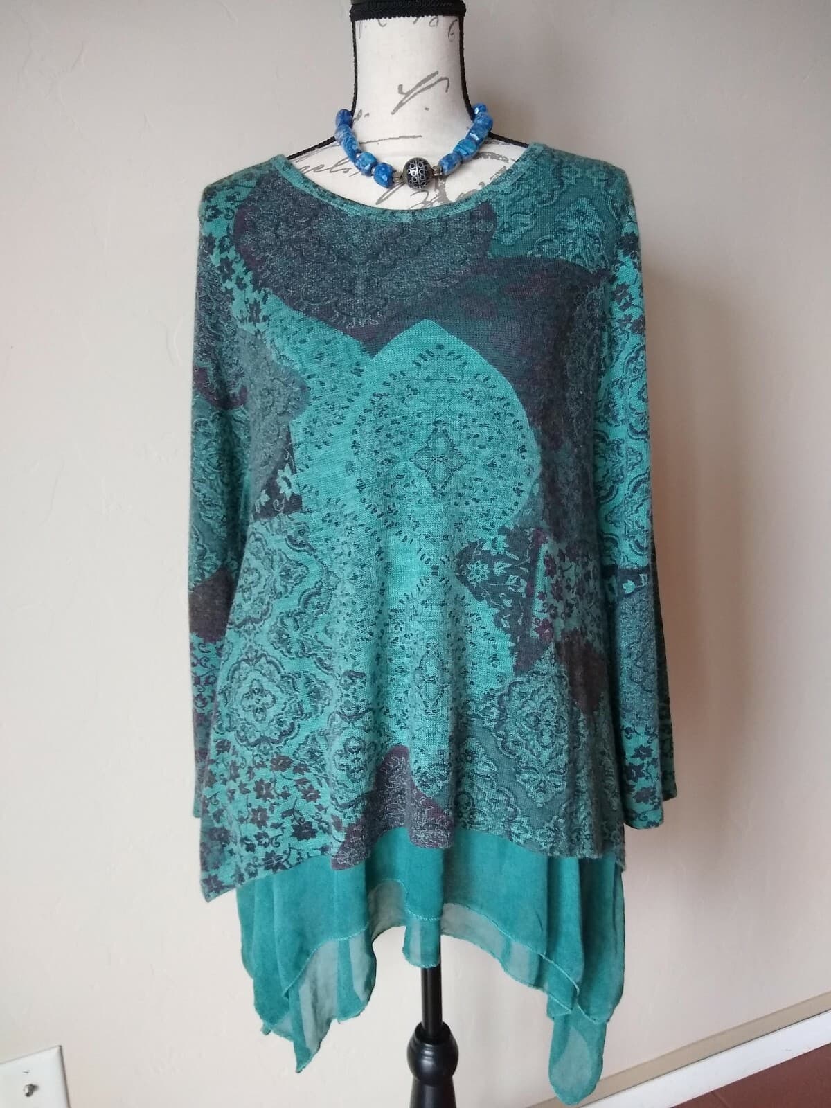 TEMPO PARIS Paisley Mohair Blend Chiffon Layer Top Long Sleeve Green Sz.M