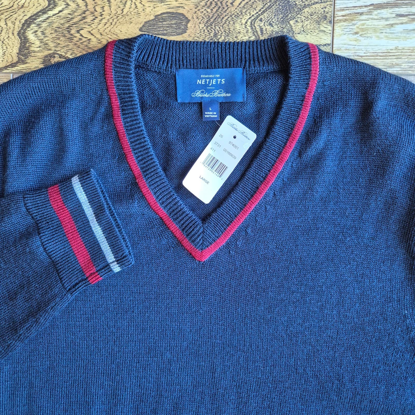 NWT Brooks Brothers Netjets Merino Wool Blend Stripe-Collar Sweater Blue Men's L