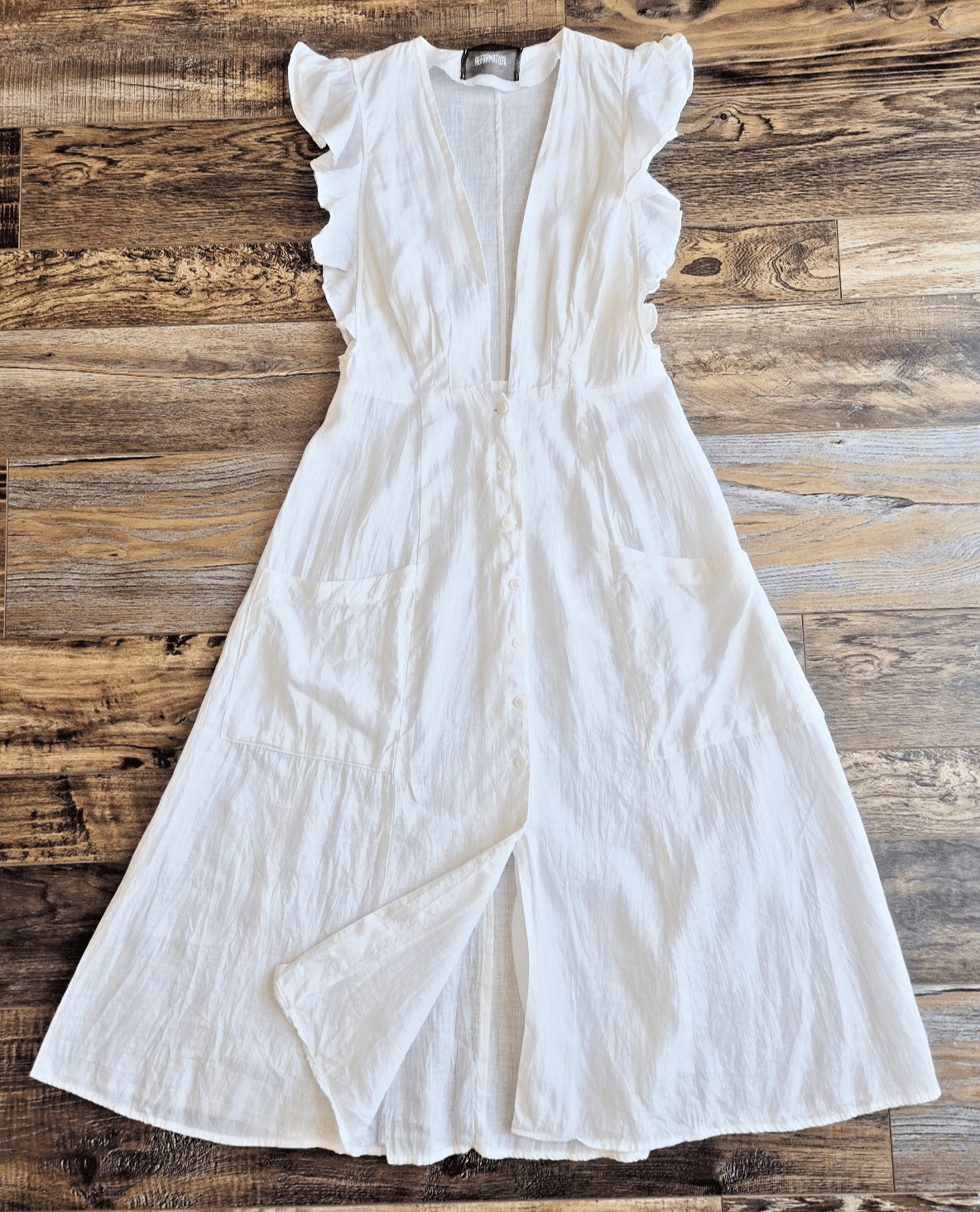 Reformation 100% Linen Ruffle Deep V-Neck Midi Dress Button-Front Pocket Size 6