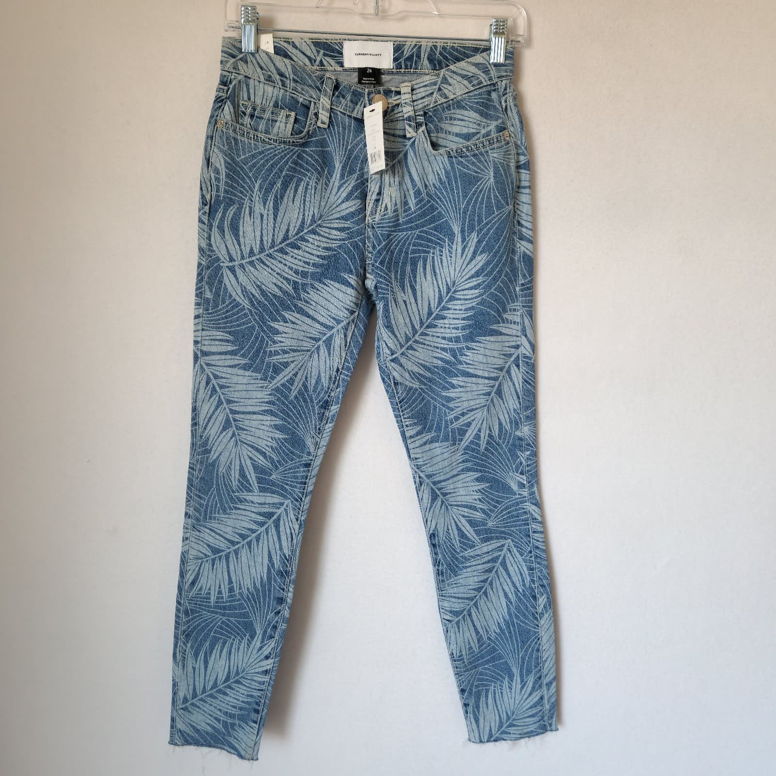 NWT Current Elliott The Stiletto Leaf Print Raw Hem Skinny Crop Jeans Blue Sz.24