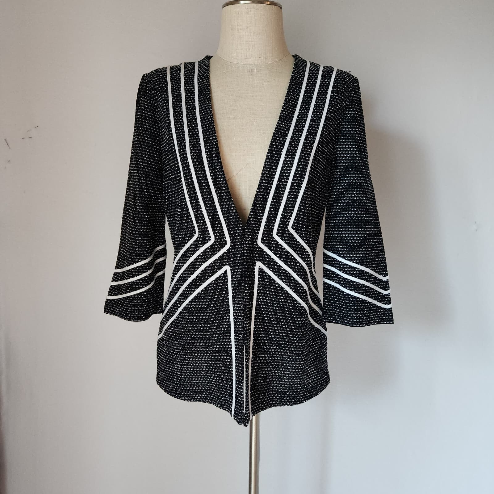 Ming Wang Tweed Knit Open Front Jacket Acrylic Stretch Black White Women's M