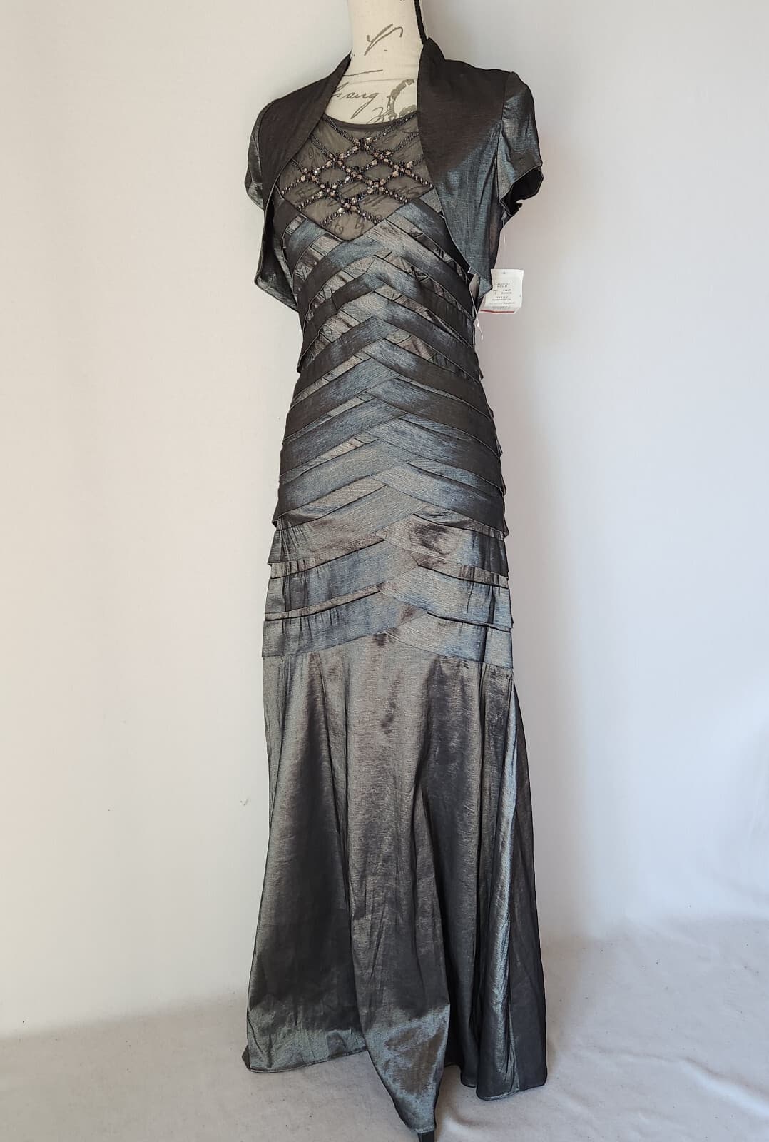NWT Emma Street 2Pc Bead Embellished Wedding Evening Maxi Dress Gray Sz.6 $230
