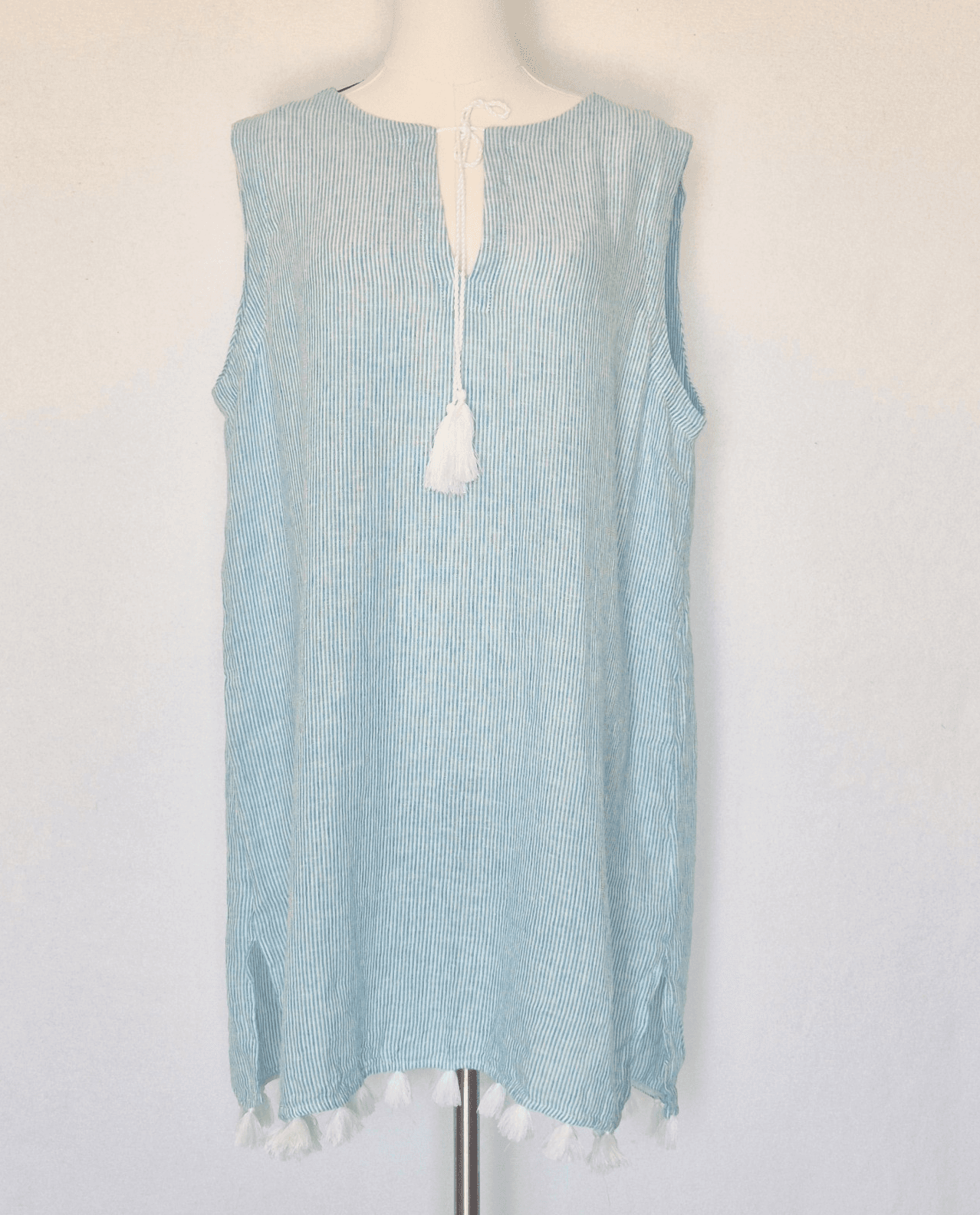 NEW Tahari Linen Blend Tasseled Beach Cover-Up Dress Sleeveless Blue Stripe Sz.L