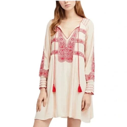 Free People Wind Willow Boho Mini Tunic Dress Cottagecore Peasant Beige Womens S