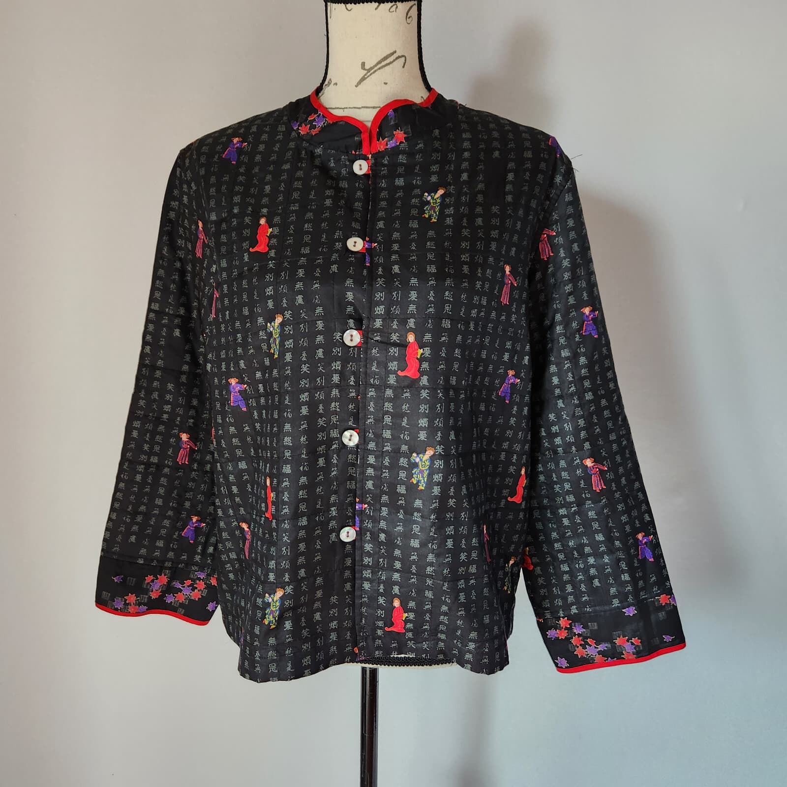 Chico's Design 100% Silk Chinese Wearable Art Mandarin Kimono Jacket Black Sz.1
