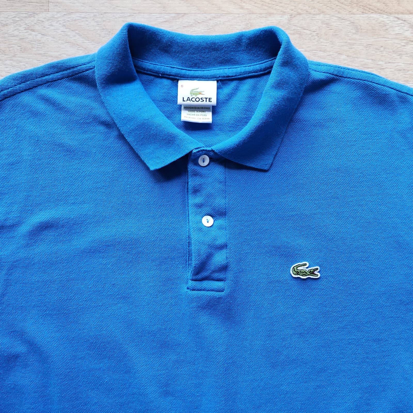 Lacoste Polo Shirt Short Sleeve Button Collar 100% Cotton Blue Men Sz.6 (L)