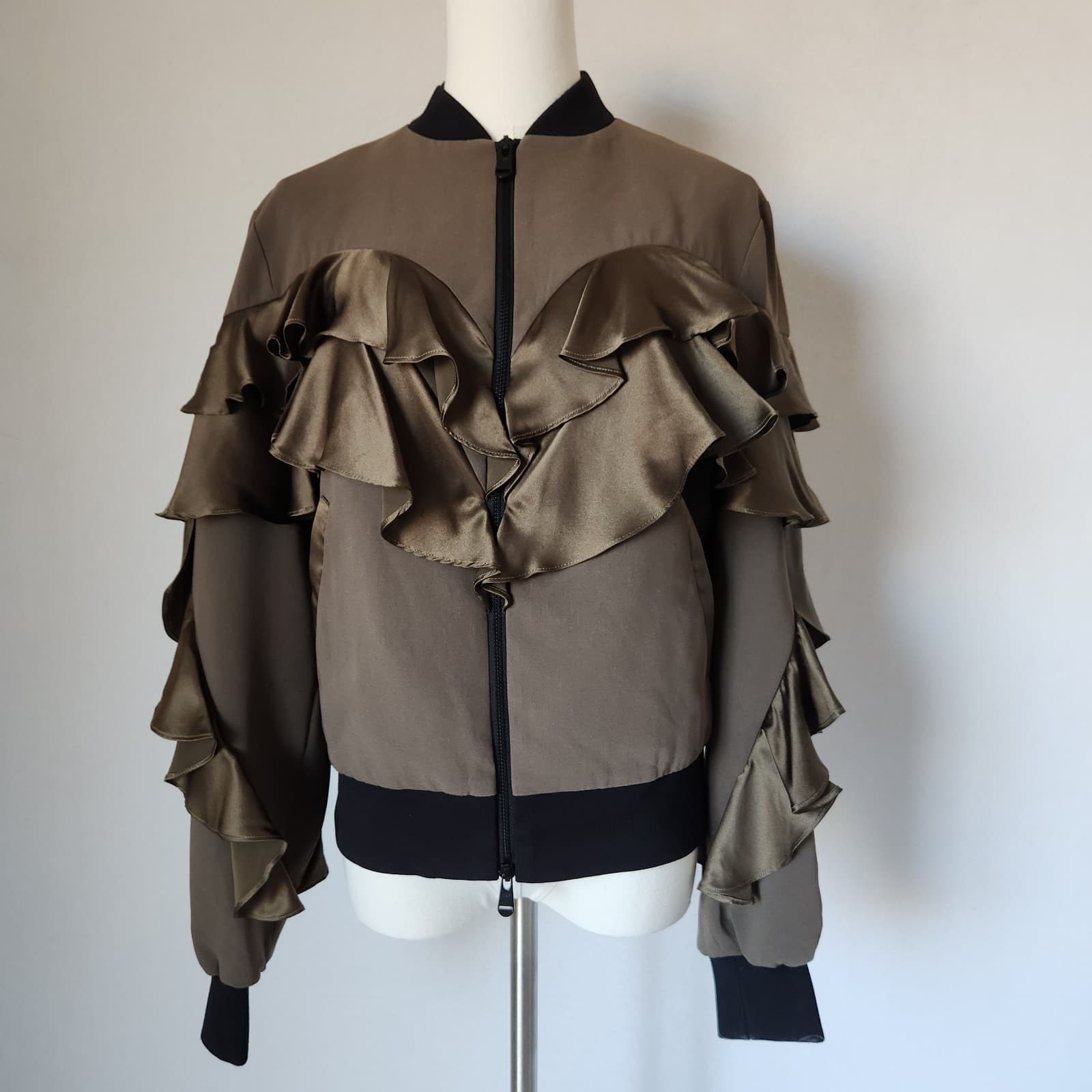 Cinq A Sept Leia Silk-Ruffle Bomber Jacket Zip-Up Pocket Olive Green Women's S