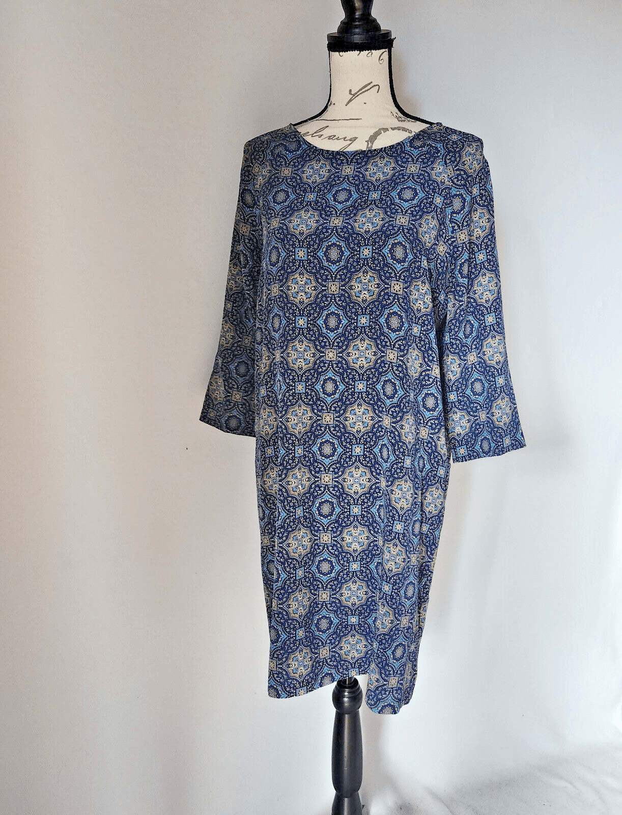 Garnet Hill 100% Silk Blue Medallion Tunic Shift Dress 3/4 Sleeve Lined Women 6