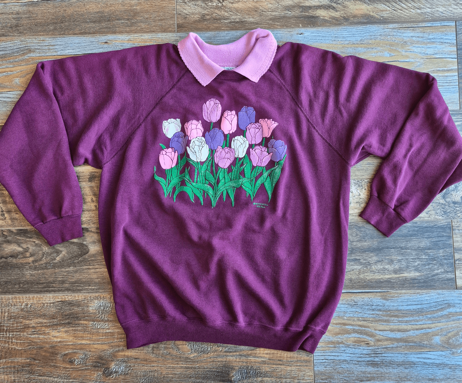 Vintage Morning Sun Floral USA Collar Neck Sweatshirt Fleece Lined Pink Red XL