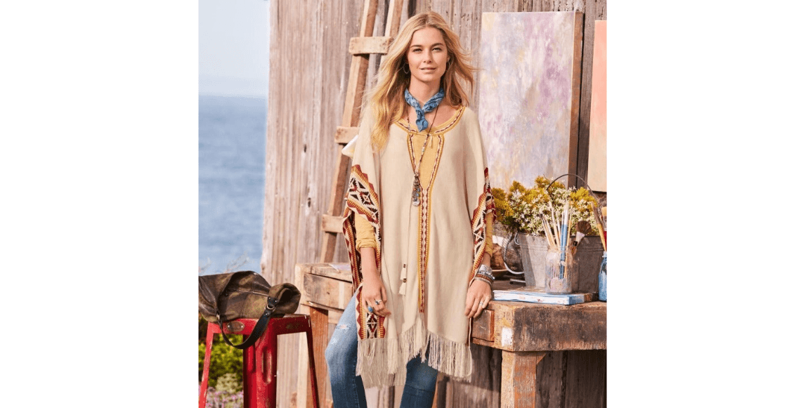 Idol Mind Rush Creek Southwest Aztec Poncho Tassel Fringe Beige Viscose Size S/M