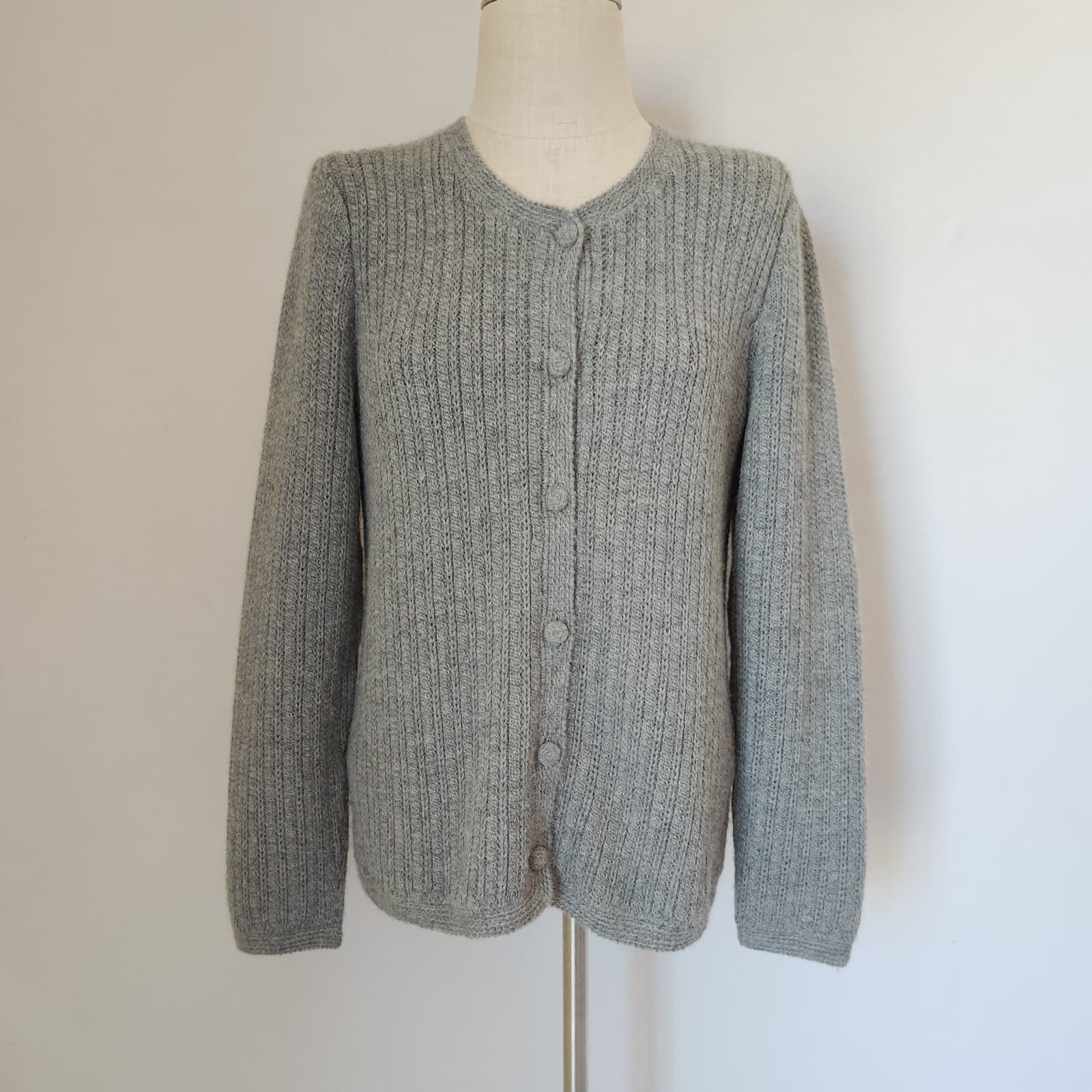 Vintage Peruvian Connection 100% Alpaca Ribbed Knit Cardigan Button Grey Sz.M