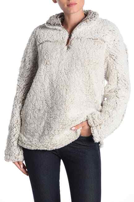 THREAD & SUPPLY Women Sherpa Fleece Pullover Sweater Jacket 1/4 Zip Ivory Sz.S
