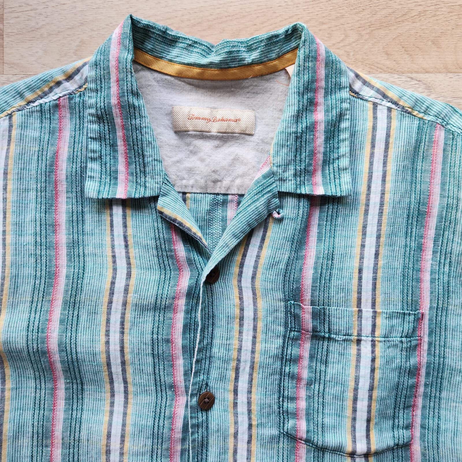 Tommy Bahama 100% Linen Stripe Short Sleeve Shirt Pocket Green Men Sz.L