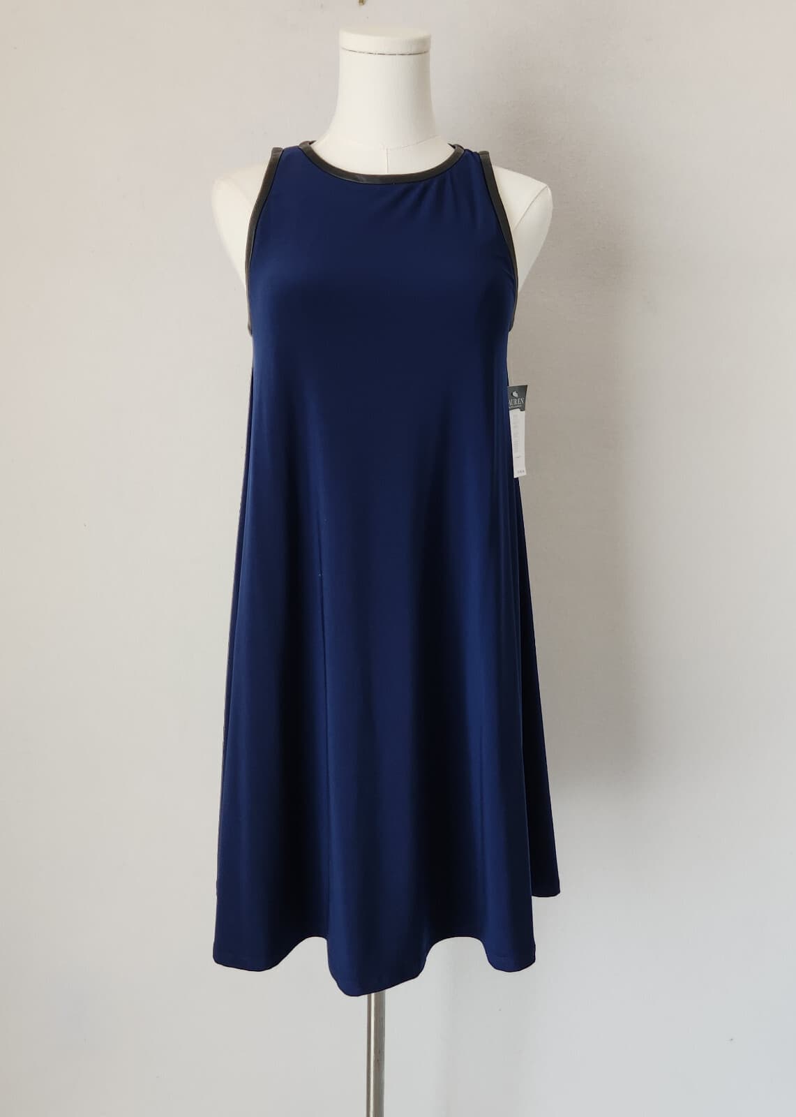 NWT Lauren Ralph Lauren $129 Jersey Swing Sleeveless Dress Leather Trim Navy 4