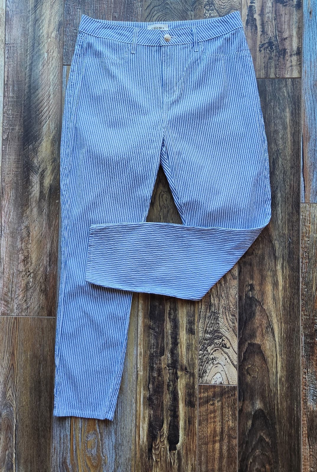 L'Agence Mandy High Rise Skinny Crop Pants Cotton Stripe Blue White Women's 28