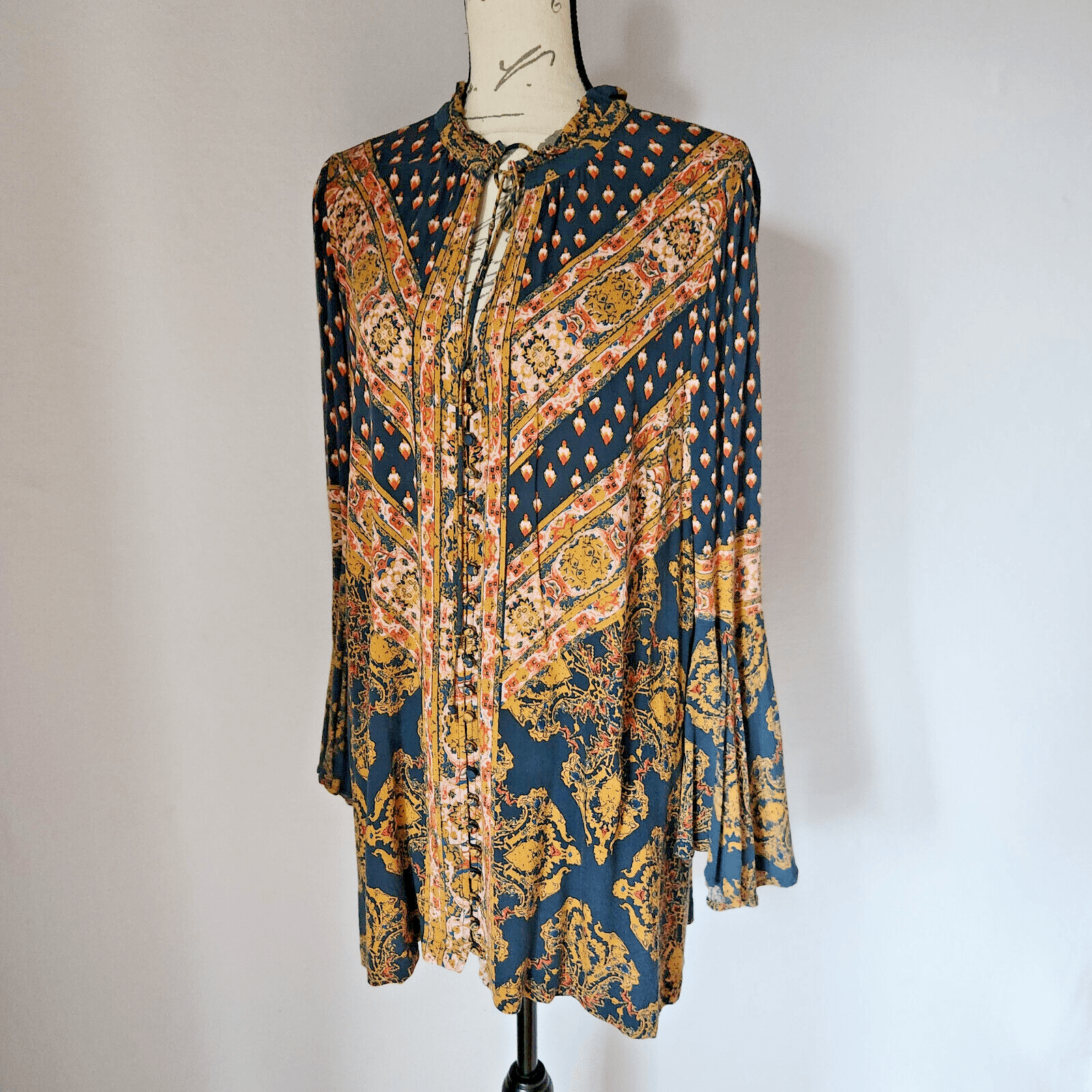 Free People Magic Mystery Ikat Paisley Tunic Top Bell Sleeve Rayon Multicolor M