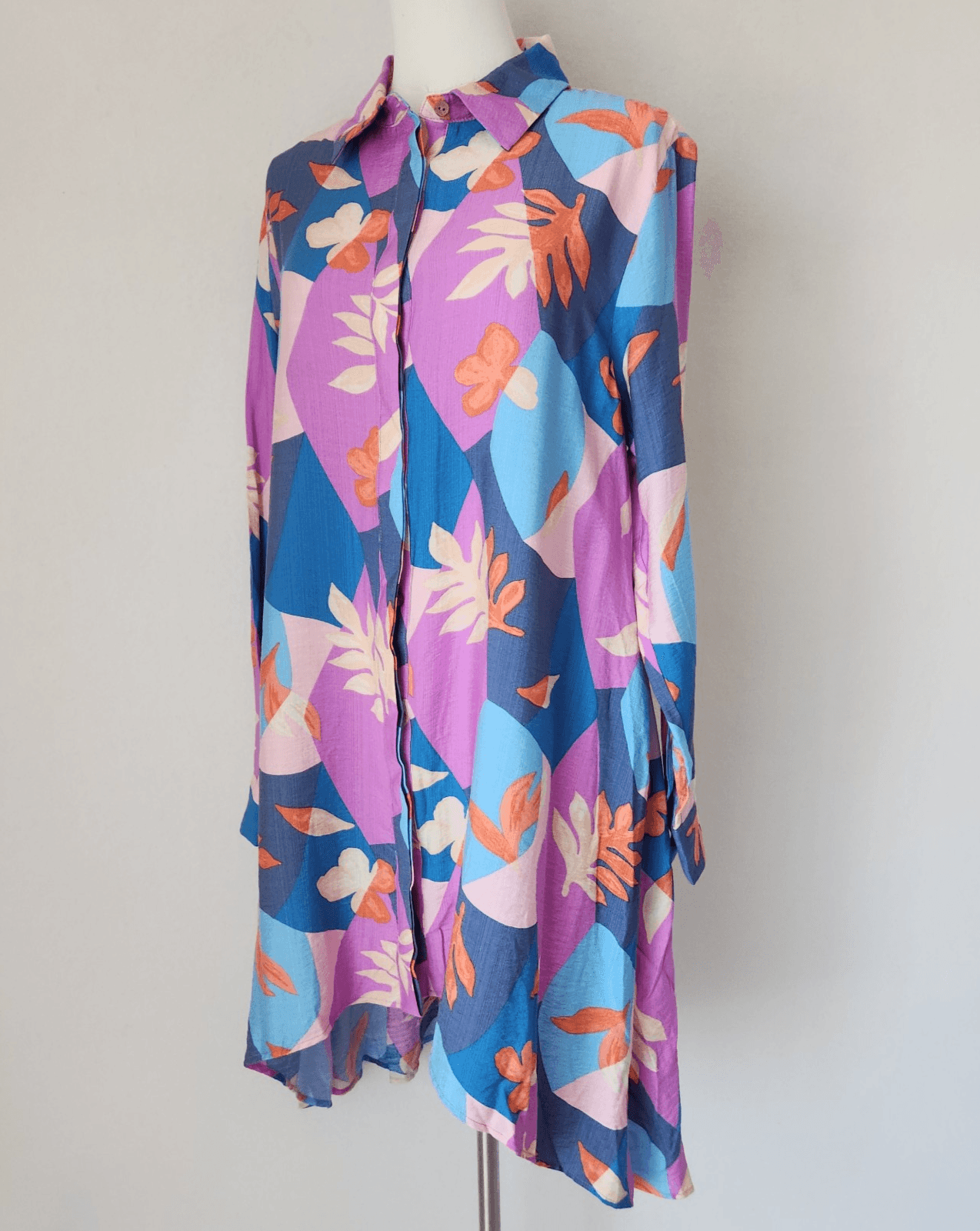 NWT Easel Los Angeles Leaf Printed Oversize Hi-Low Mini Shirt Dress Pocket Sz.S