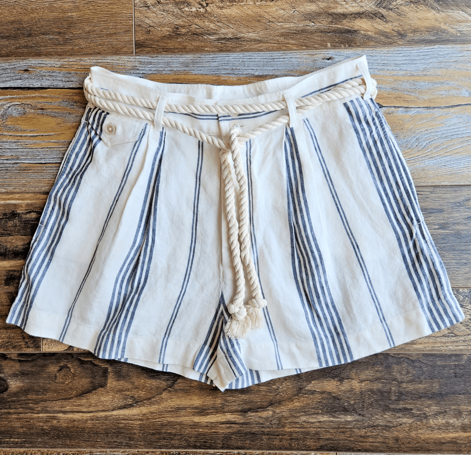 Polo Ralph Lauren Belt Indigo-Dyed Linen Pleated 3" Short Stripe Beige Blue Sz.8