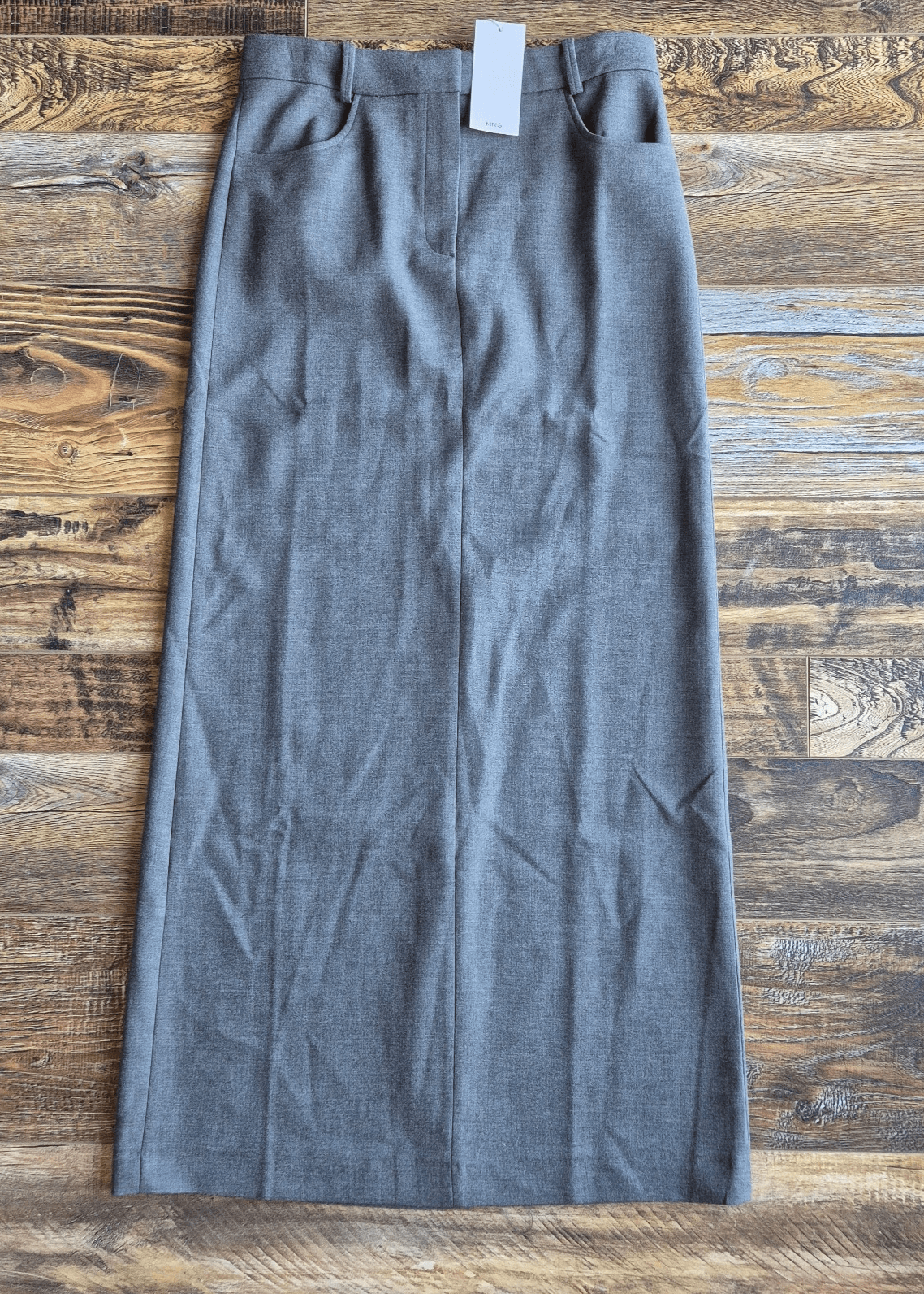 NWT Mango Maxi Pencil Skirt Back Slit Front Zip Pocket Grey Women's US4 EU36