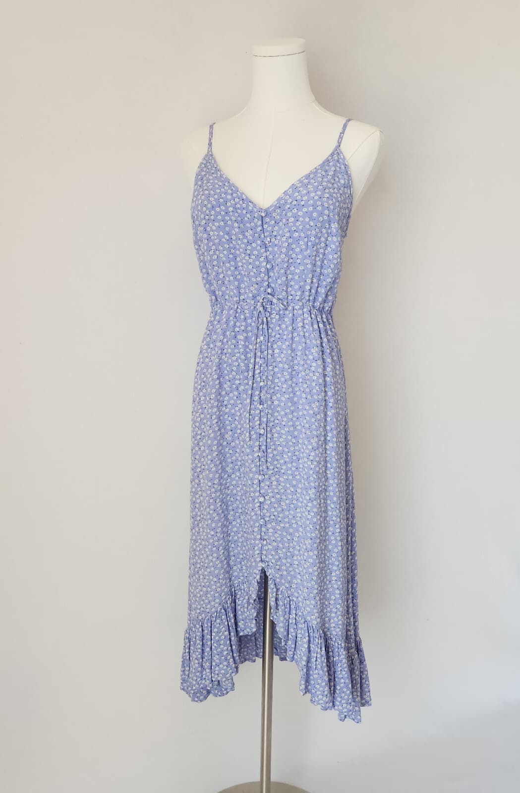 Rails Frida Sky Blue Daisies Midi Sun Dress Ruffle Hi-Low Spaghetti Strap Sz.S