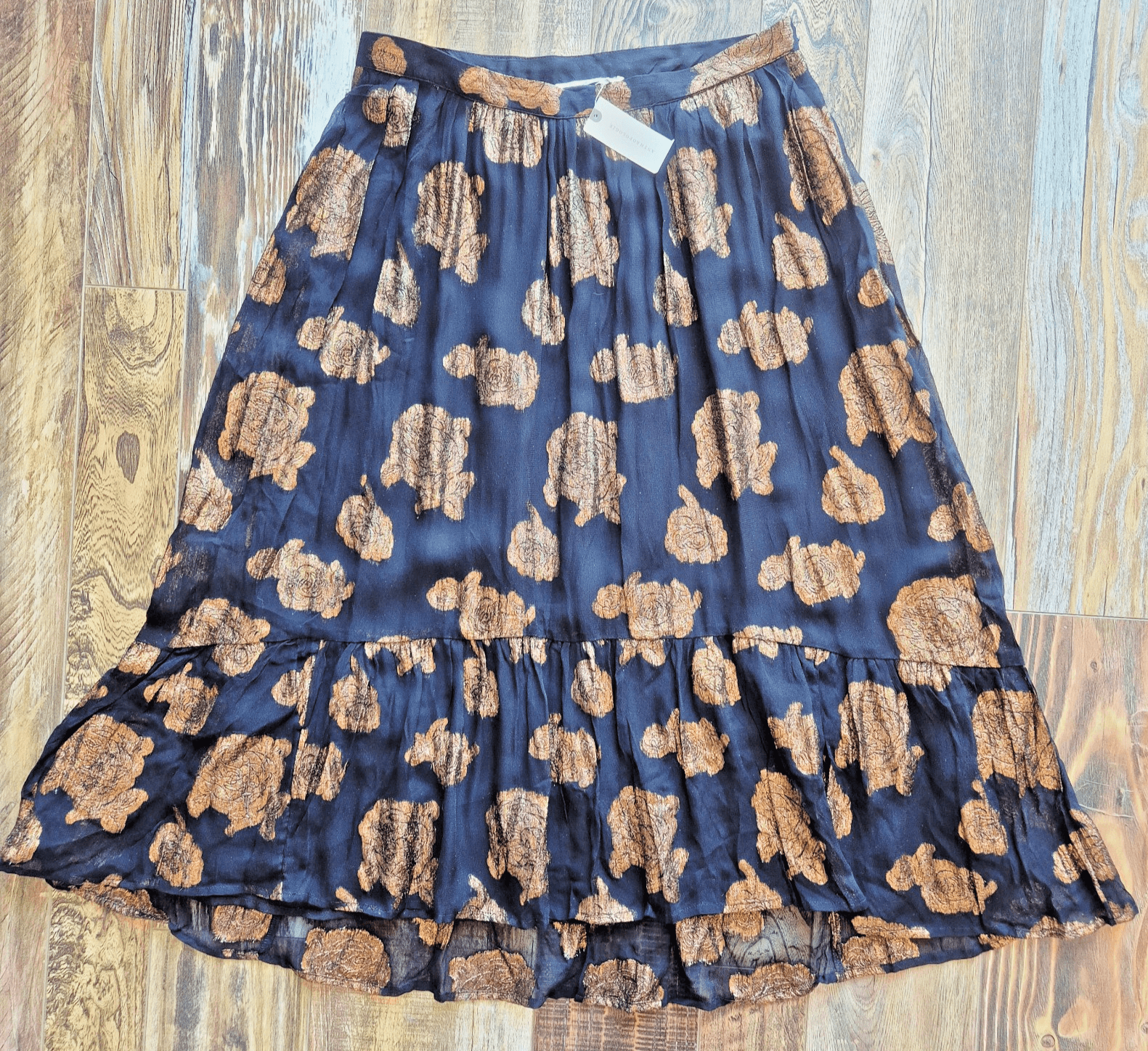 NWT Anthropologie Floreat Oralie Metallic Sheer Midi Skirt Zip Black Motif Sz.8