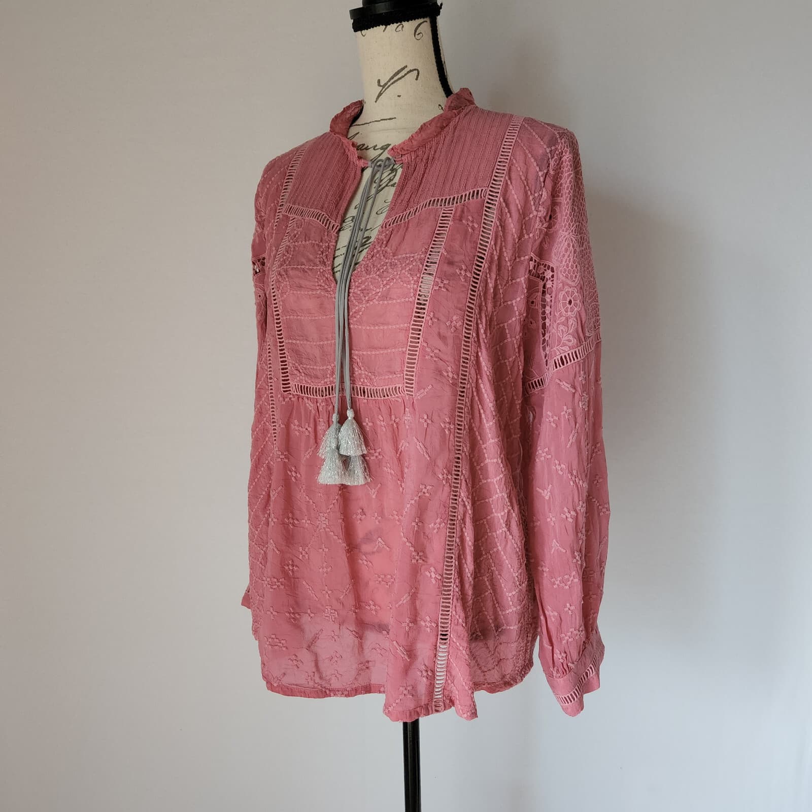 NWT Johnny Was Garden Astrid Embroidered Tunic Boho Top Tassels Pink Sz.S $275