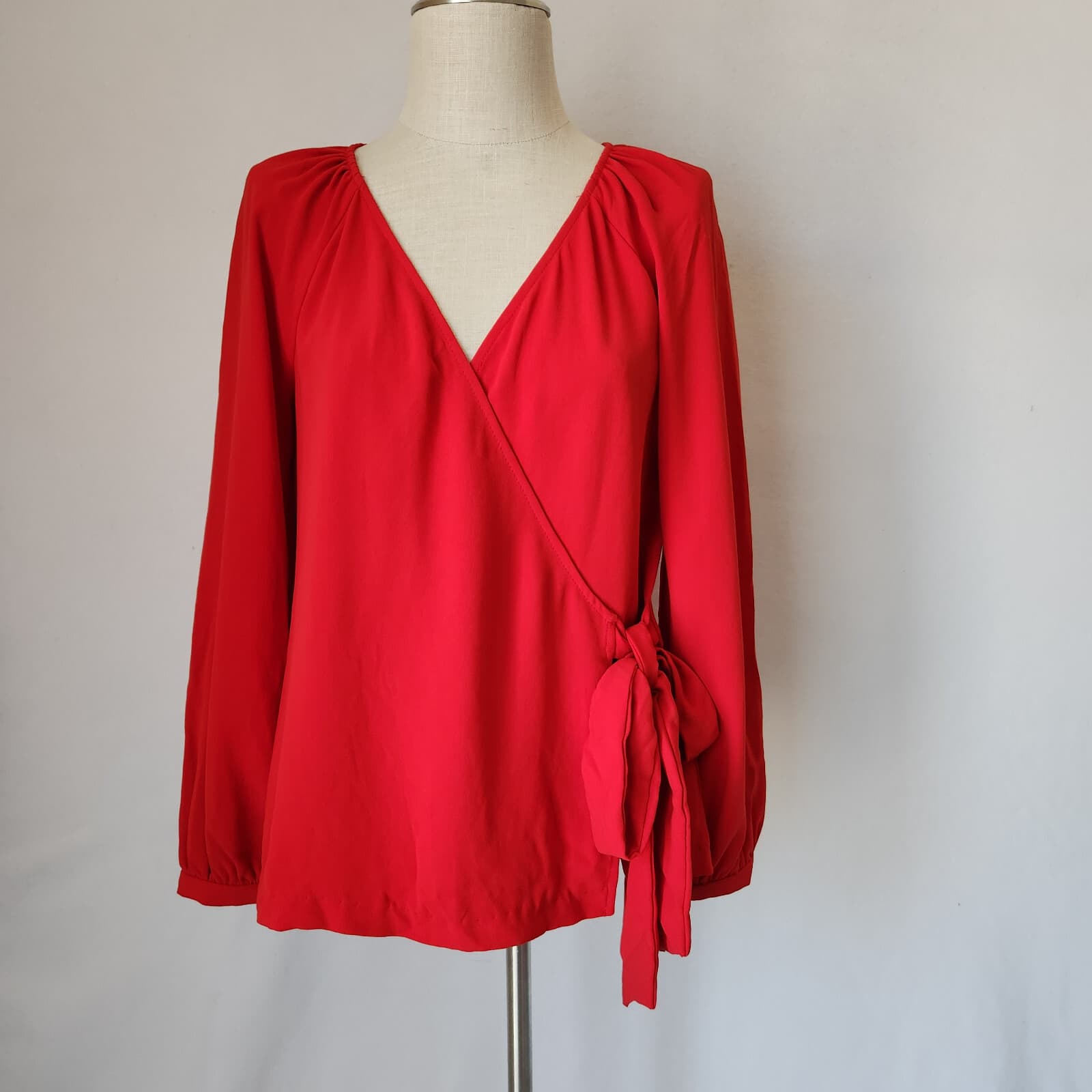 NWoT Trina Turk $188 Chiffon Wrap Blouse Long Sleeve Red Polyester Women's M