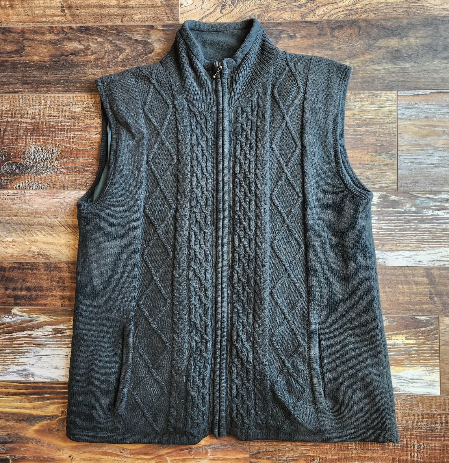 Carraig Donn Ireland Wool Cable Knit Zip-Up Mock Vest Lined Pocket Green Men's L