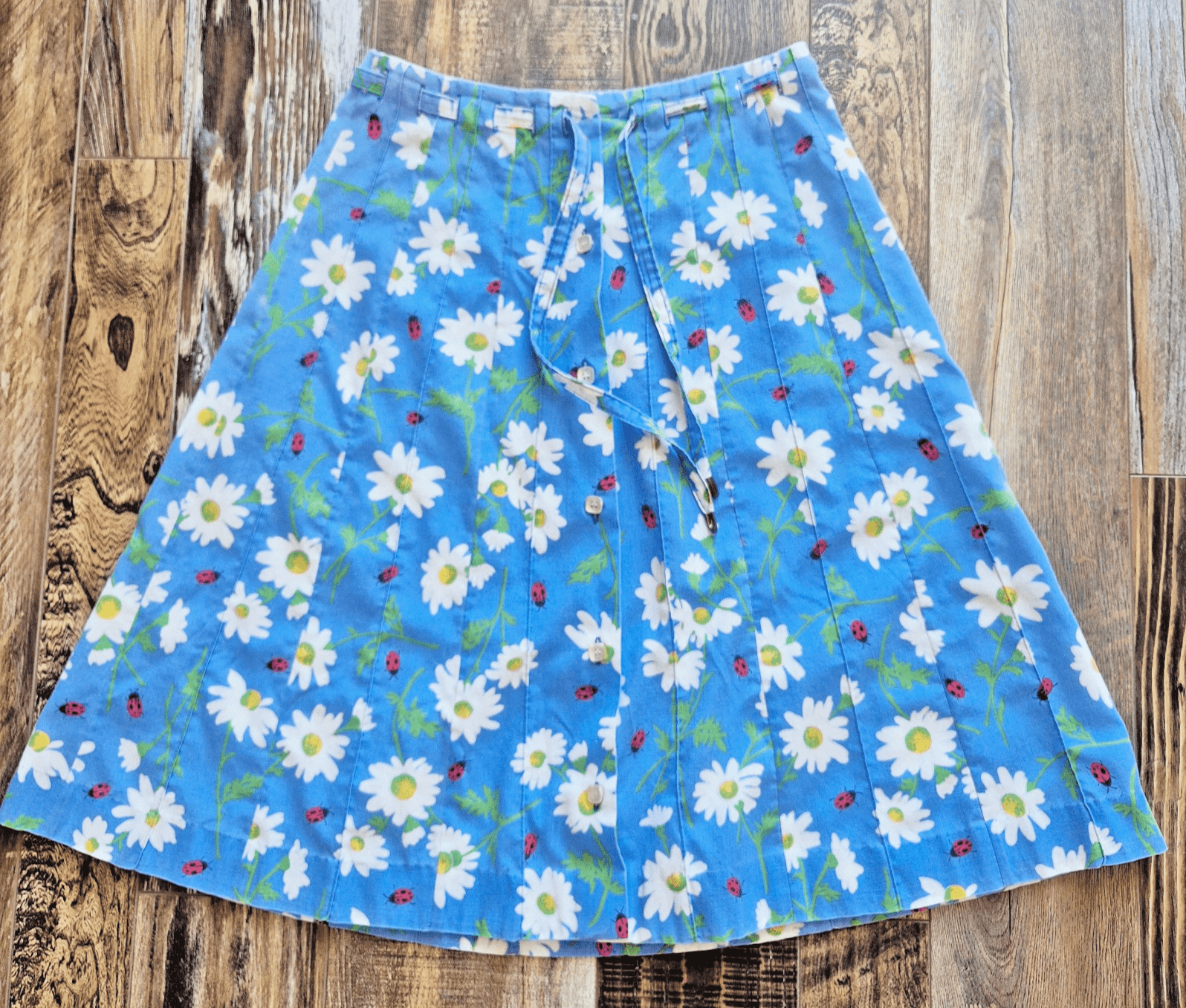 Vintage Tumbleweeds Daisy Ladybug A-Lined Skirt Tie-Waist Button-Front Blue Sz.S