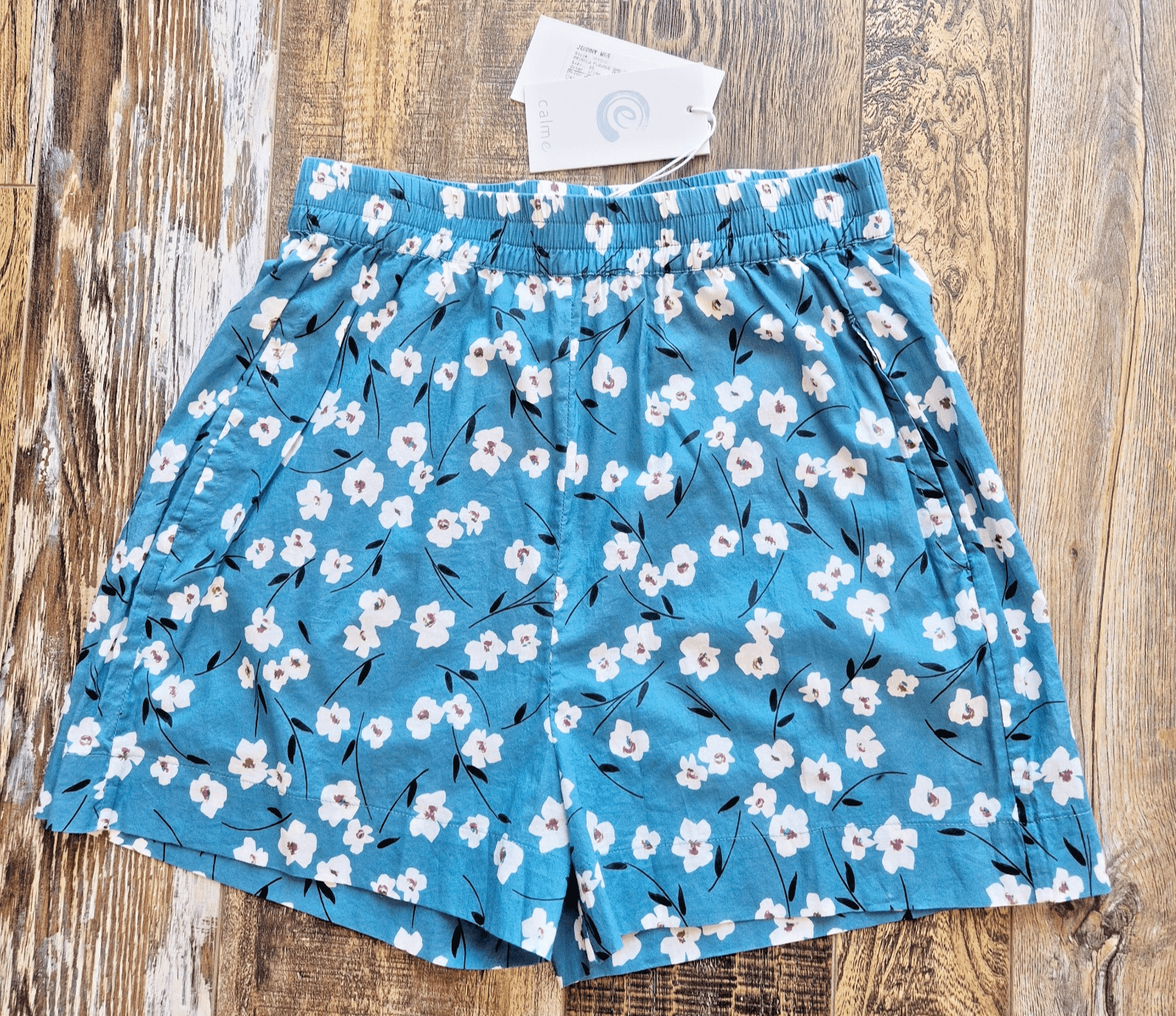 NWT Johnny Was Calme Printed Flounce Short Pocket Elastic Waist Cotton Blue XS