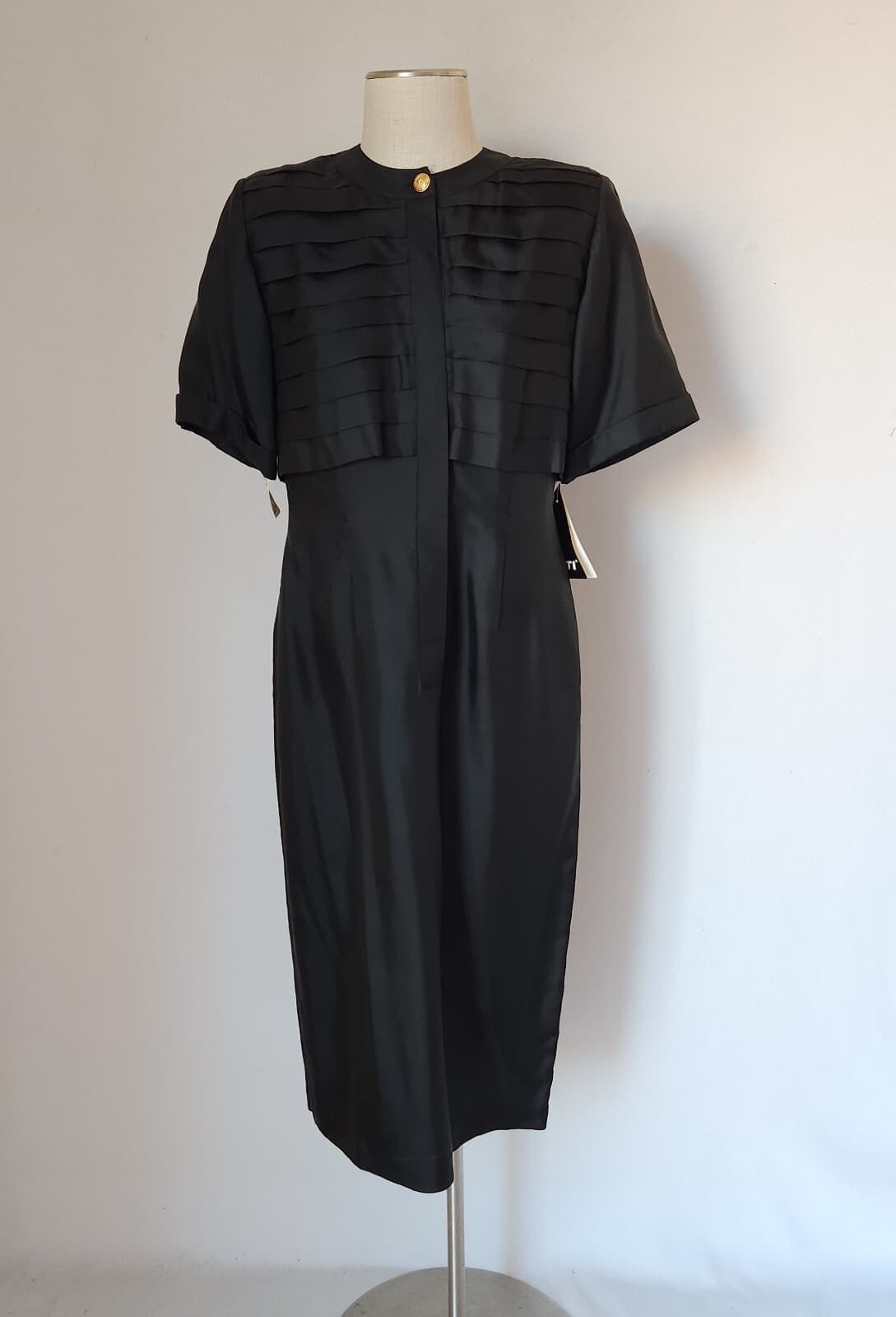 Vintage NWT Argenti 100% Silk Formal Evening Midi Dress Short Sleeve Black Sz.12
