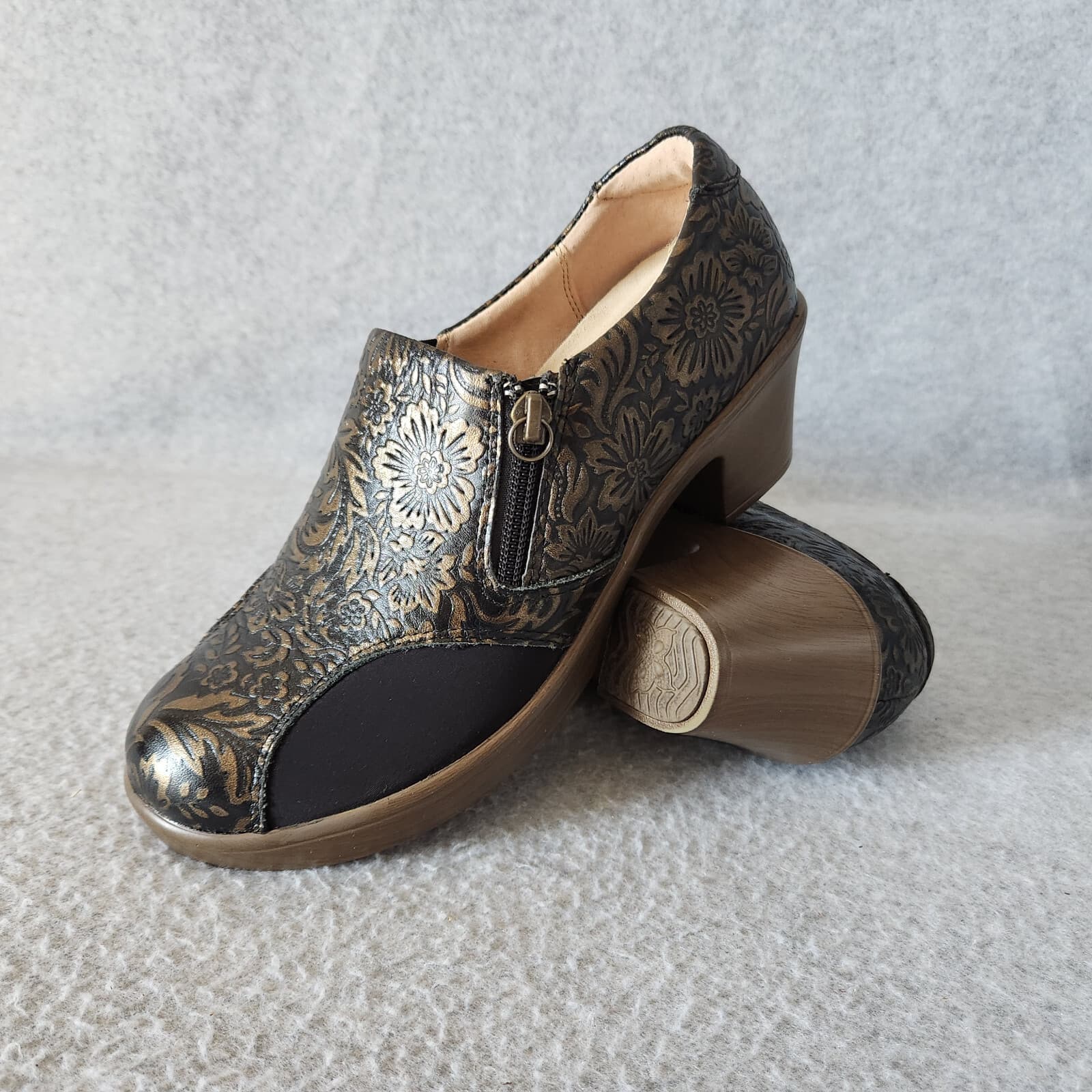 EUC Alegria Hayli Minted Bronze Floral Leather Comfort Clogs Heel Zipper EU38