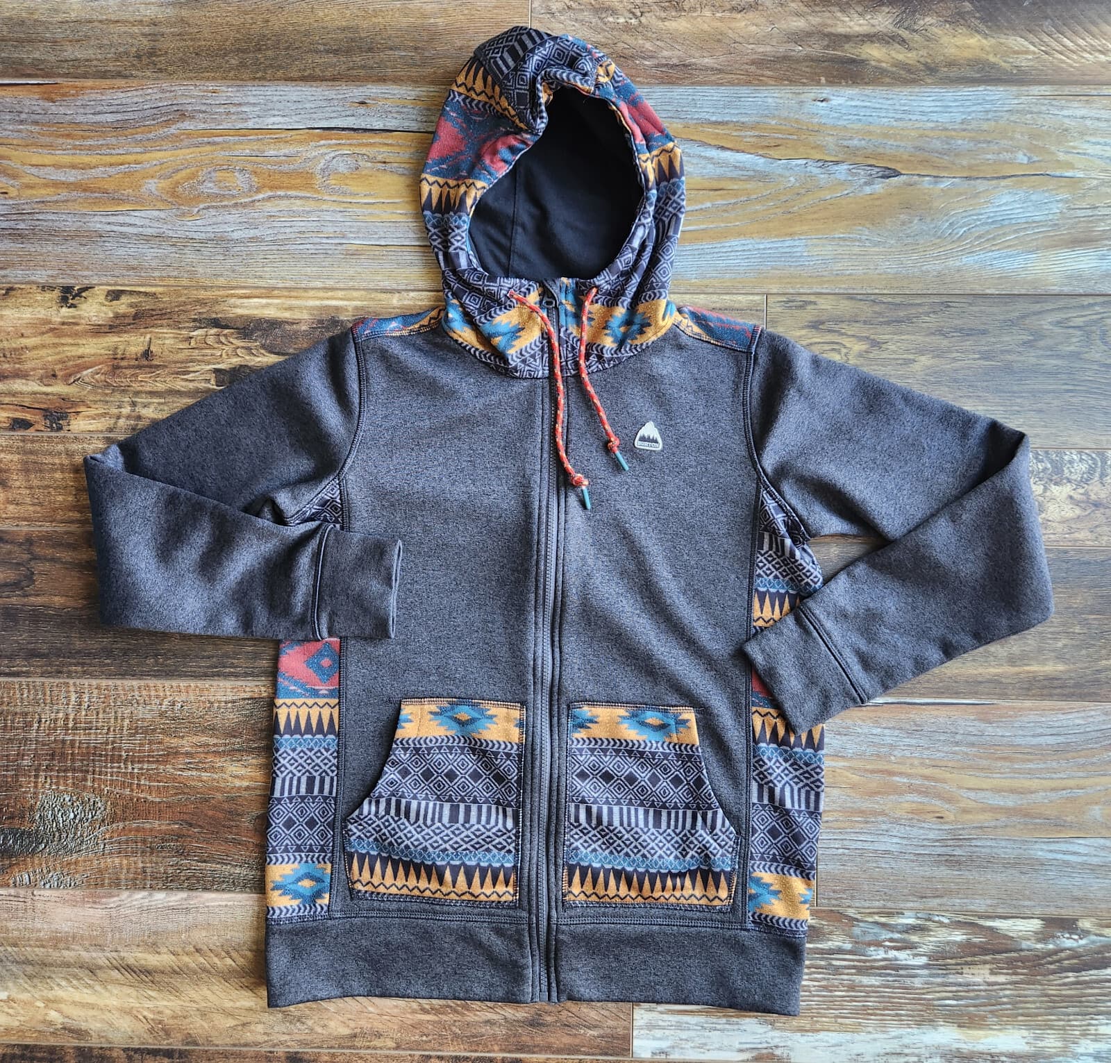 Burton Oak Aztec Southwest Hoodie Sweatshirt Full-Zip Fleece Lined Grey Womens S