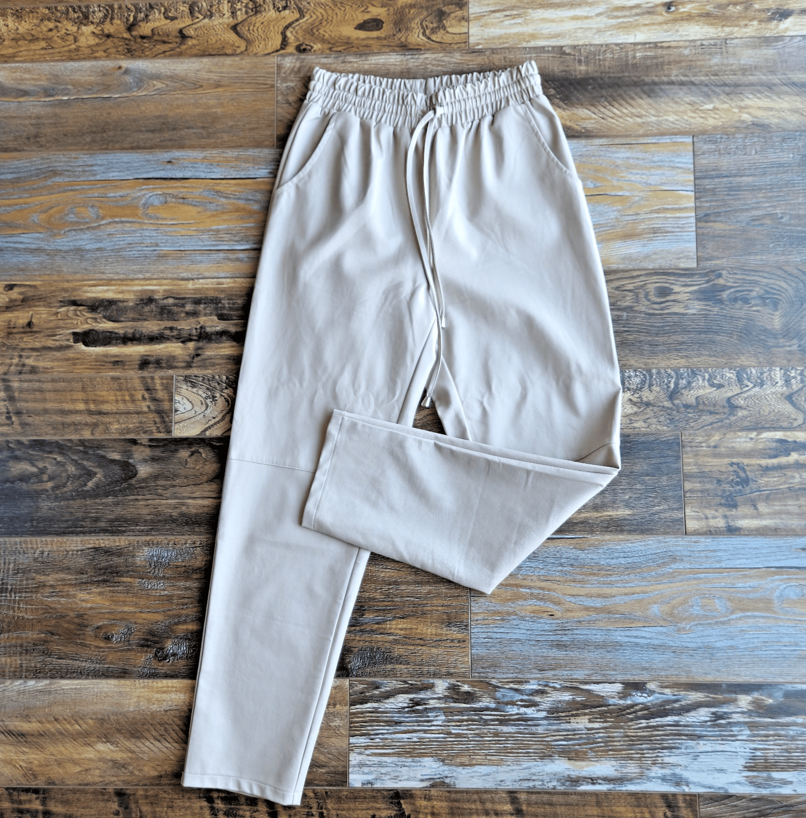 LANE 201 Faux Leather High Waist Pant Drawstring Elastic Waist Pocket Beige Sz.S