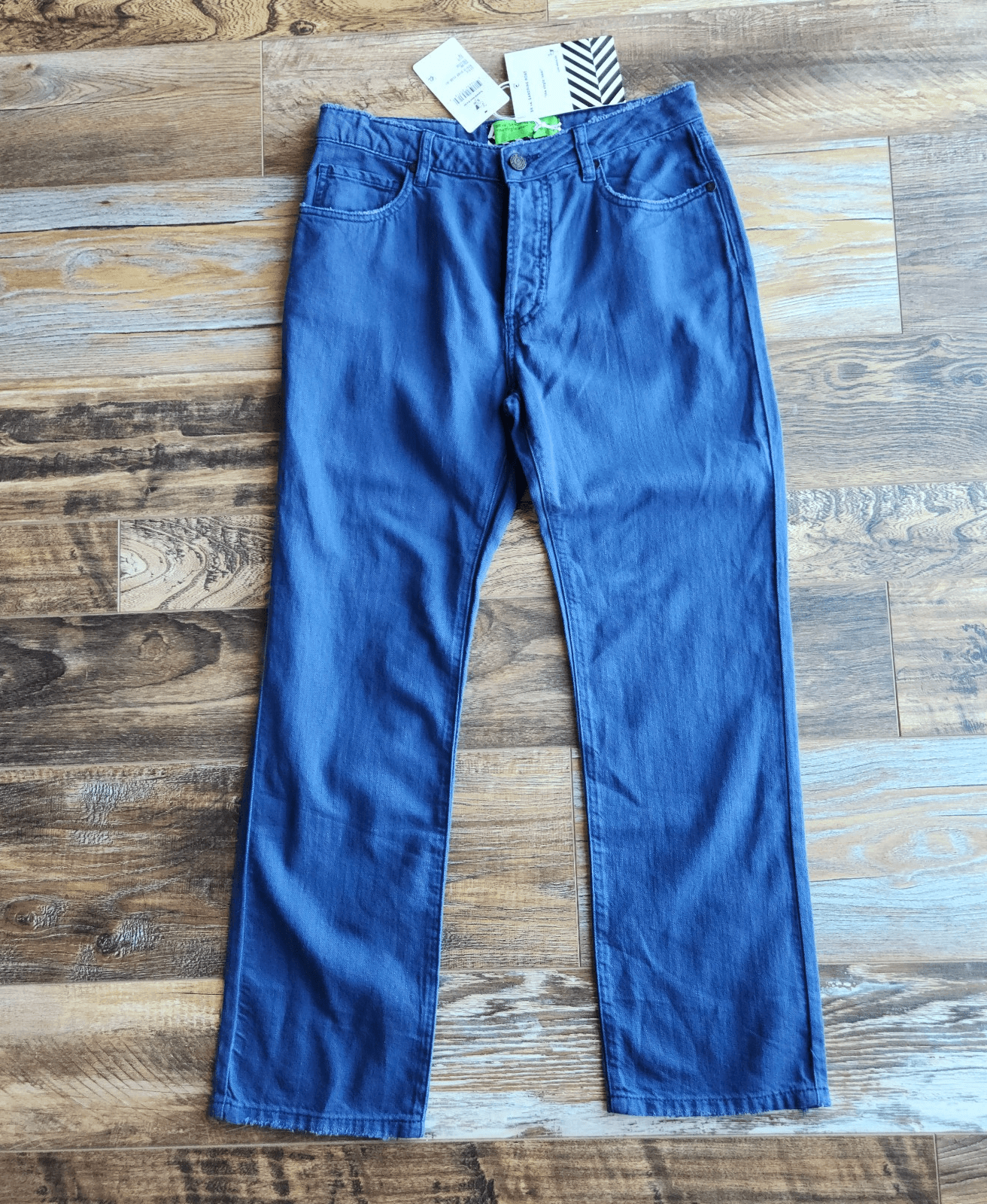 NWT Sandrine Rose Linen Blend Straight Pants Buttonfly College Blue Sz.28 R1013
