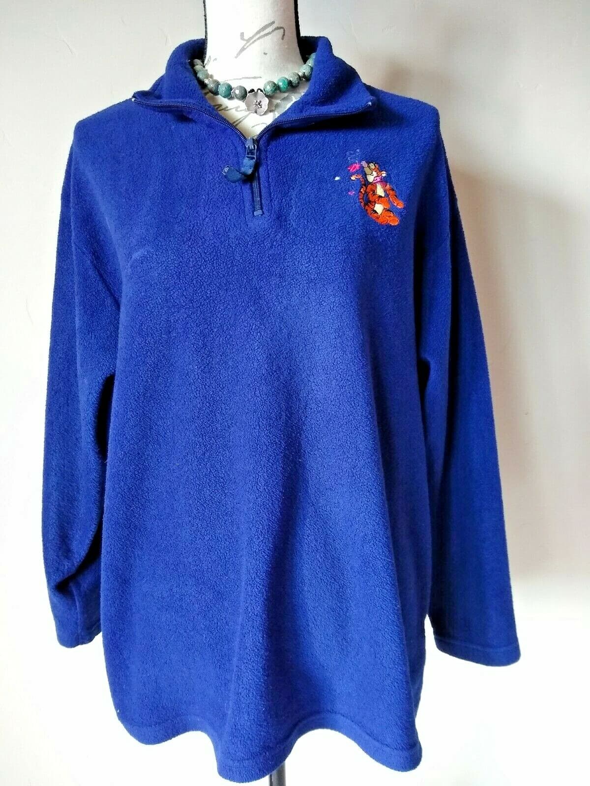 Pooh Disney Fleece Sweatshirt Sweater 1/4 Zip Embroidered Navy Blue Sz.L