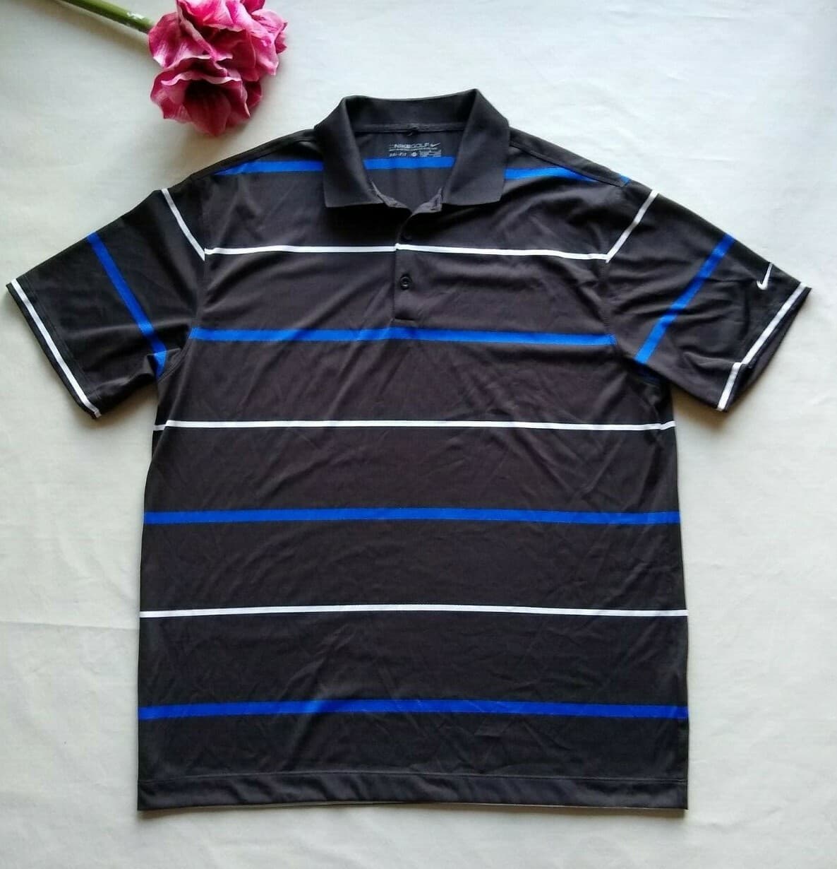 NIKE GOLF Dri-fit Polo Shirt Short Sleeves 1/4 Buttons Black Strip Sz.L