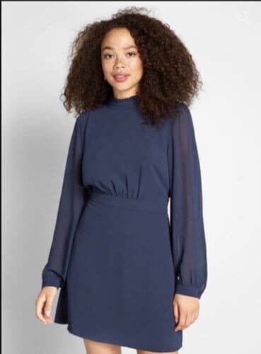 NWoT ModCloth Mini Sheath Dress Ruffle Mockneck Back-Key Hole Chiffon Navy Sz.4