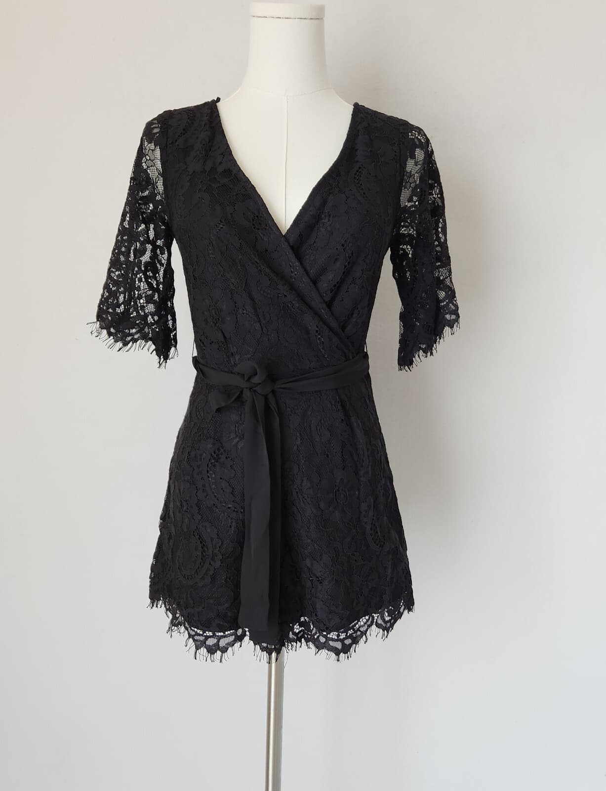 Blue Rain Lace Eyelet Surplice Glam Romper Ribbon Belt Lined Black Women's XS