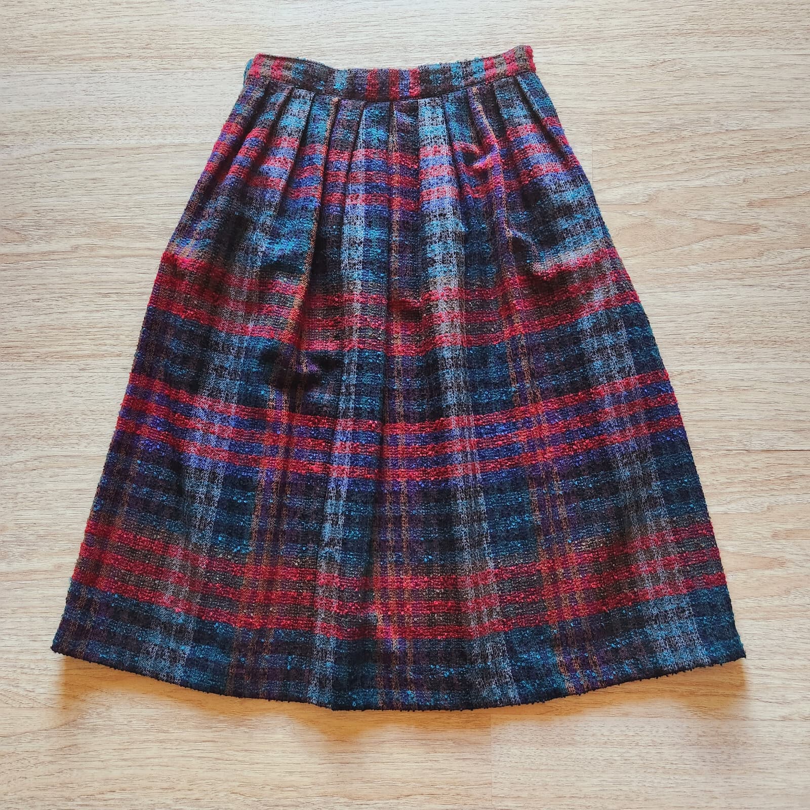 Vintage Diane Von Furstenberg Wool Blend Tweed Plaid Pleat Skirt Pocket Sz.14