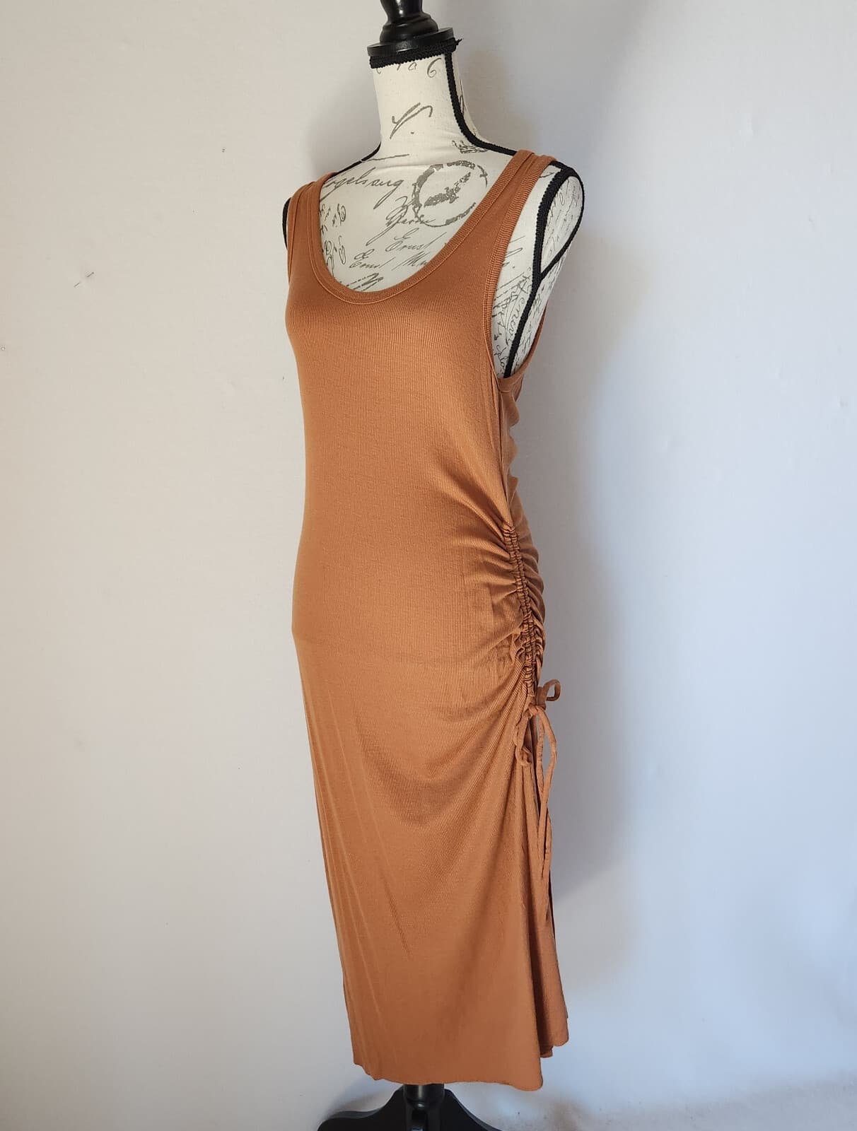 NWoT J.Crew Side-Ruched Ribbed-Knit Midi Tank Dress Scoop Neck Tencel Brown Sz.L