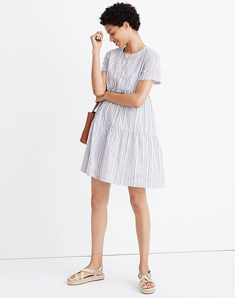 Madewell Striped Crewneck Button Front Tiered Mini Dress Multicolor Cotton Sz.L