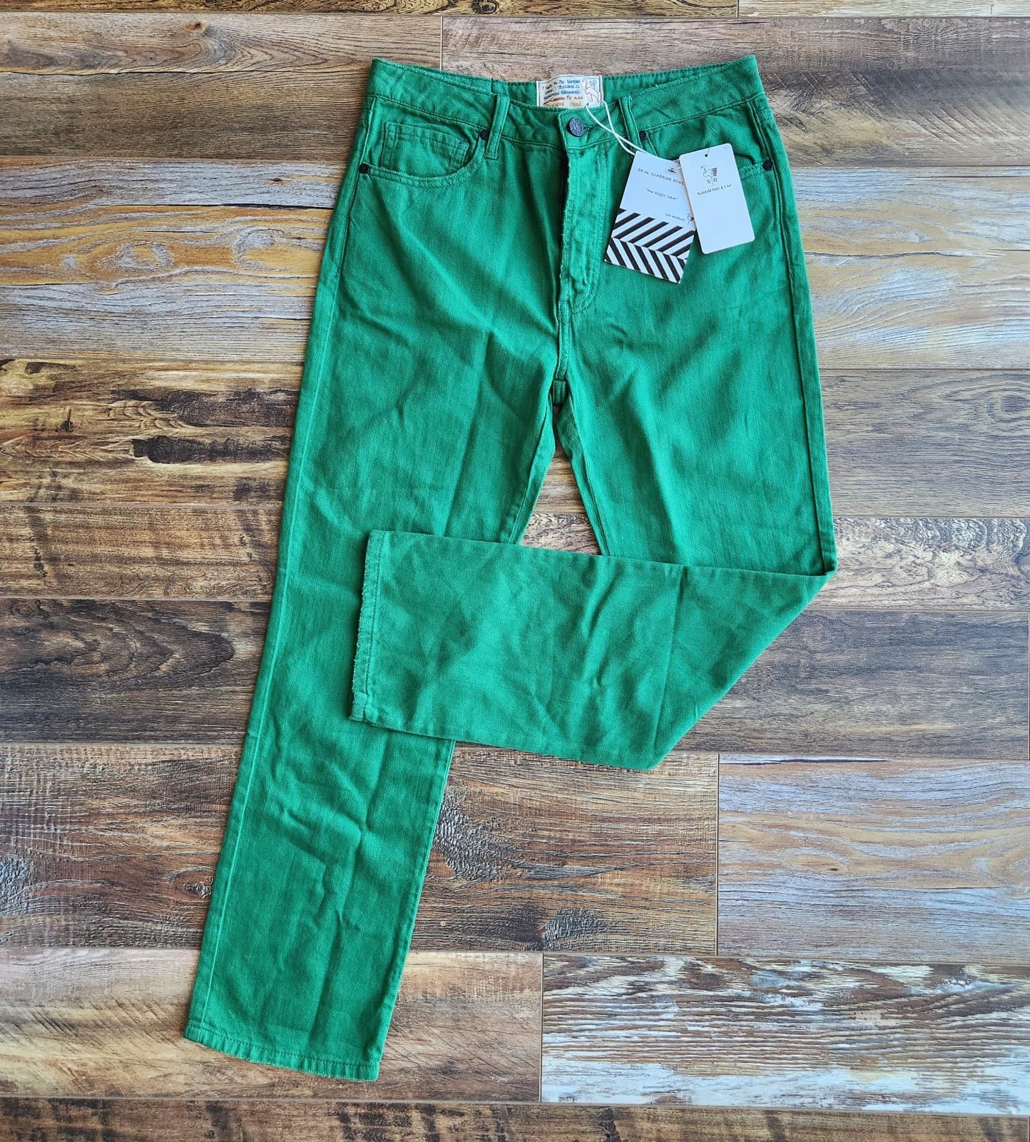 NWT Sandrine Rose Flax Blend Straight Pants Buttonfly Sapin Green Sz.28 R1013