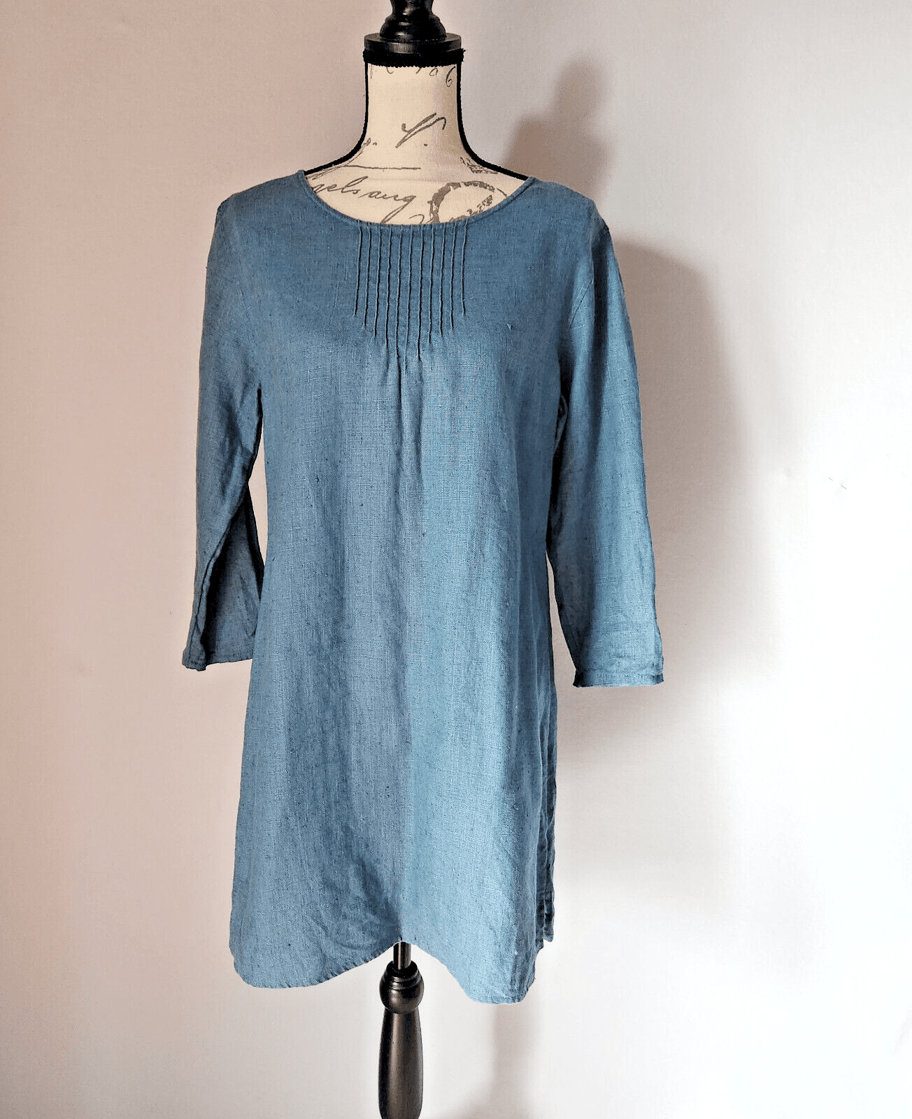 Vintage'90s J.Jill 100% Linen Pintuck Mini Shift Dress Long Sleeve Blue Sz.MP