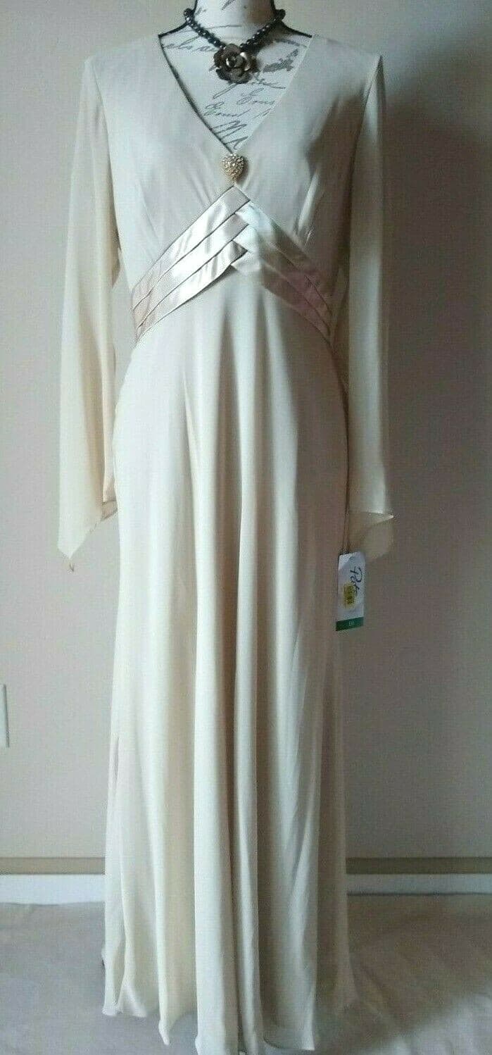 Patra NWT Chiffon Event Party Maxi Dress Long Sleeves V-neck Lined Beige 10 $150