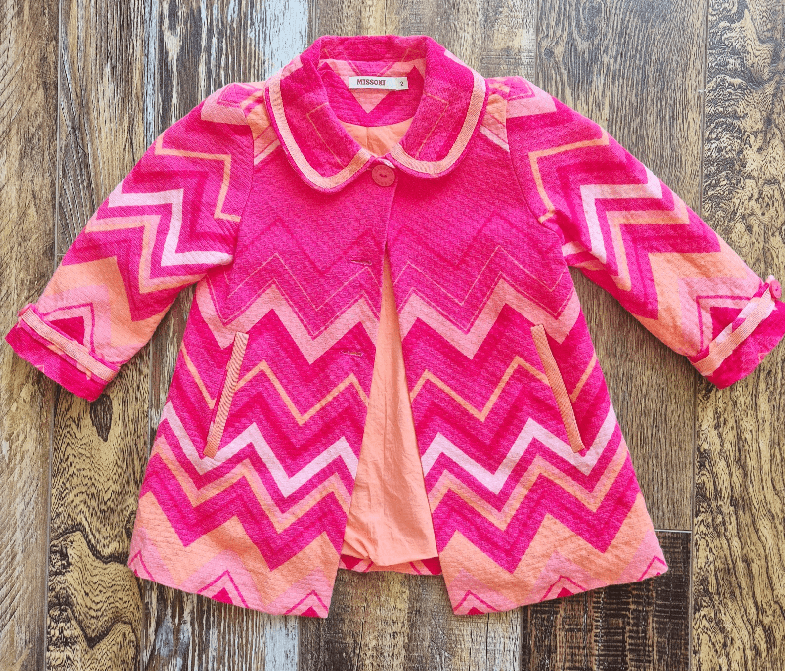 MISSONI Chevron Jacket Button Lined Pocket Cotton Blend Pink Orange Girls 2 Year